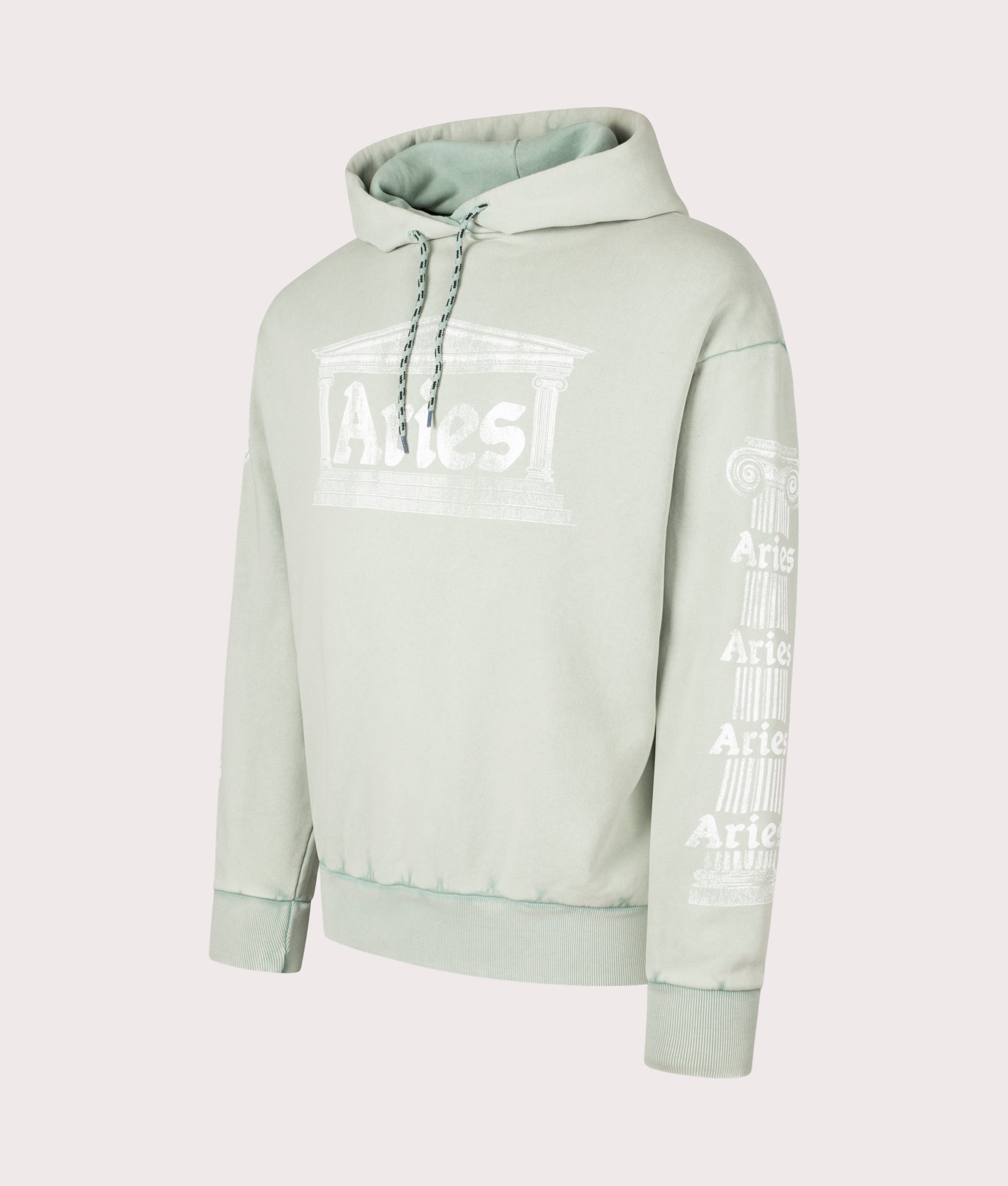 Aries Aged Ancient Column Hoodie in Green at EQVVS. Side Left Shot.