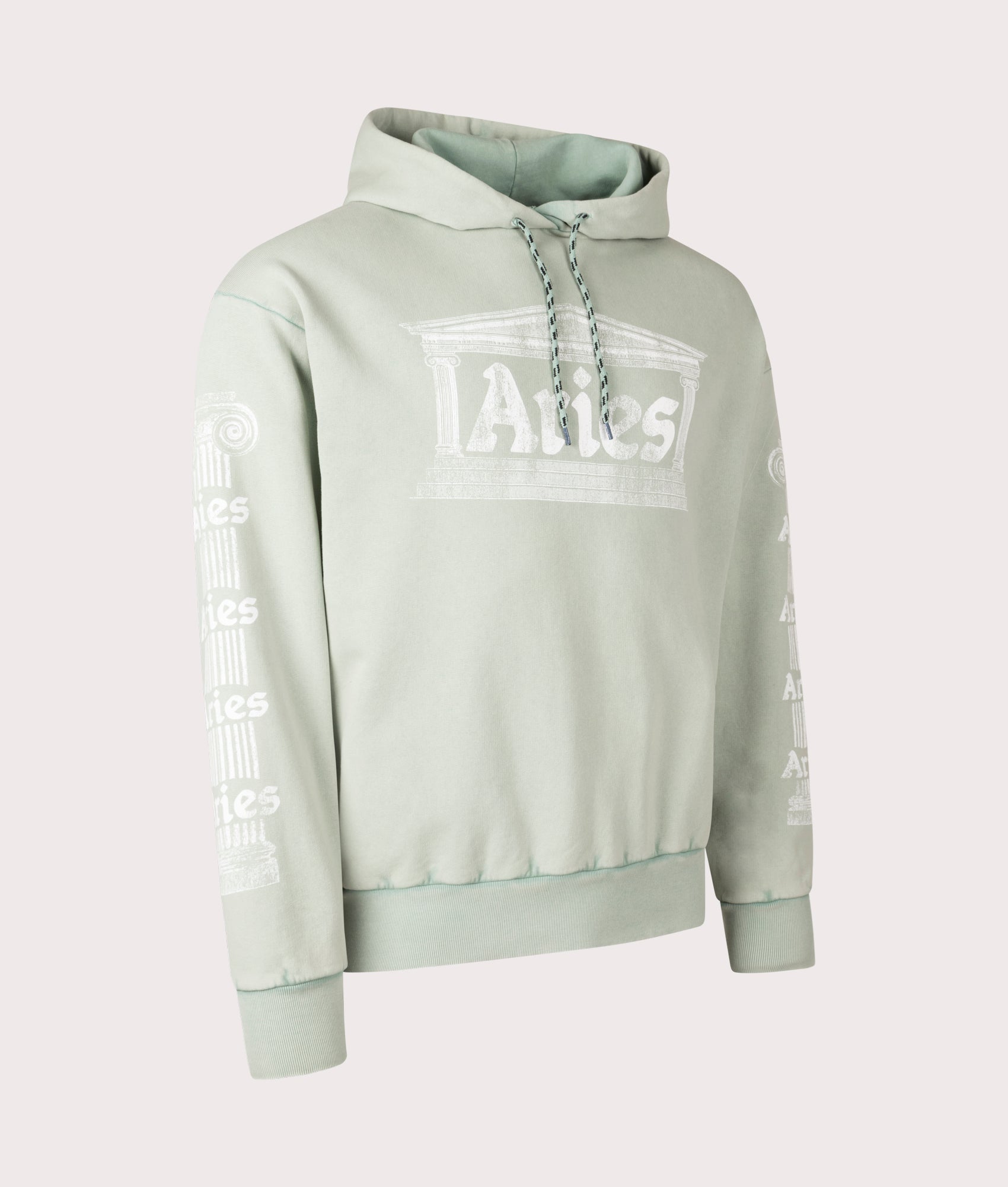 Aries Aged Ancient Column Hoodie in Green at EQVVS. Side right Shot.