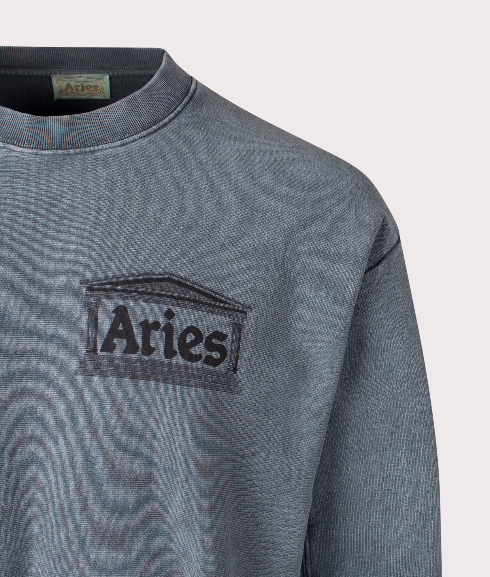 Aries Premium Aged Temple Sweatshirt in Dark Green at EQVVS. Detail Shot.