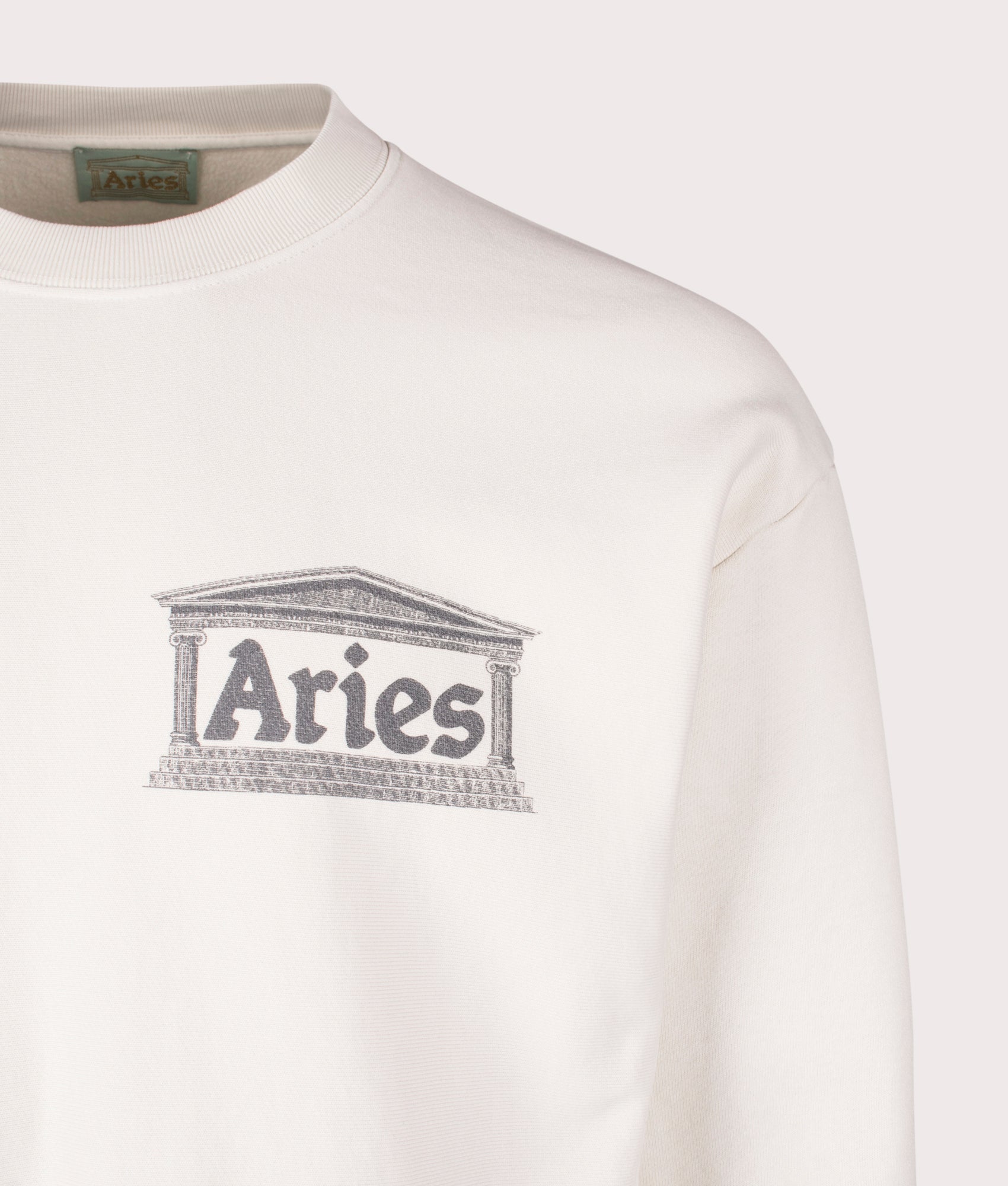 Aries Premium Aged Temple Sweatshirt in off white at EQVVS. Detail Shot.