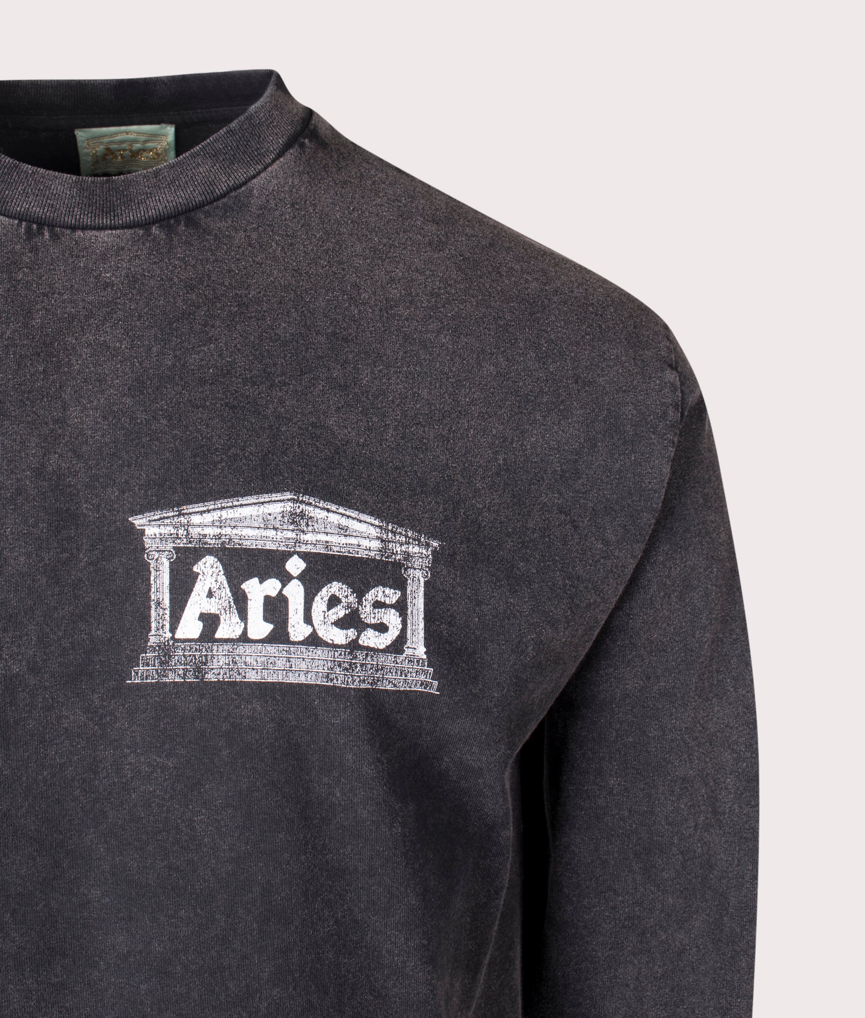 Aries Aged Ancient Temple Long Sleeve T-Shirt in Black at EQVVS. Detail Shot.