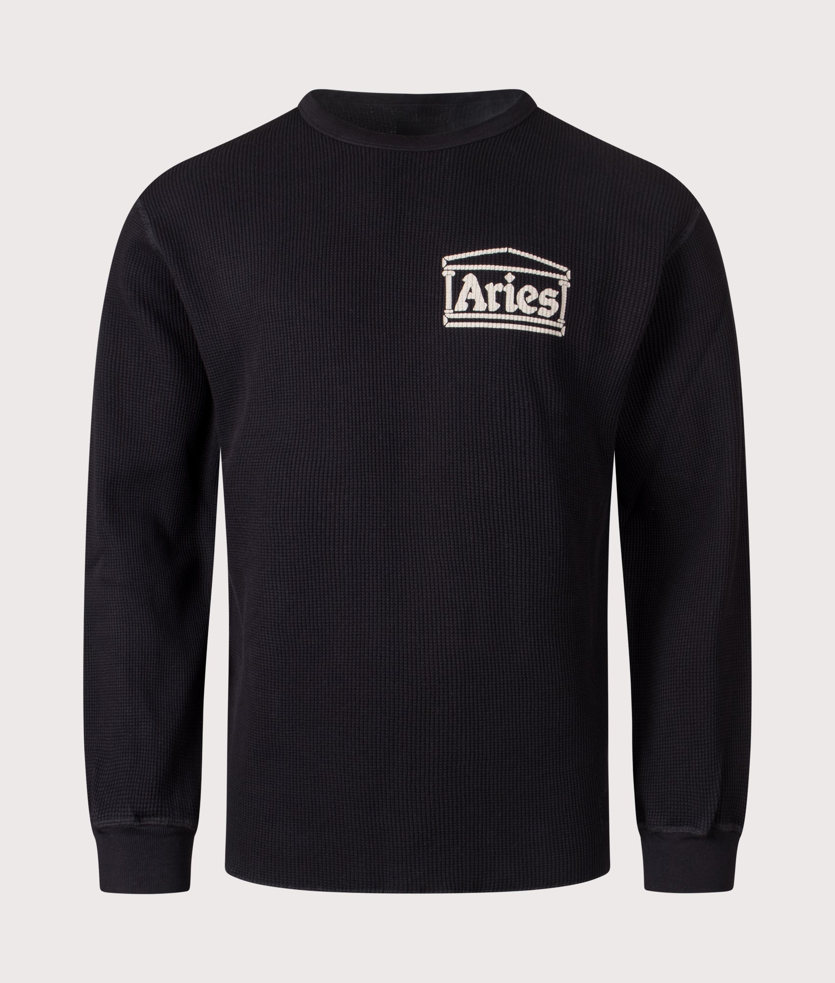 Reversible Temple Waffle Long Sleeve T-Shirt in Black | 100% Cotton | Aries | EQVVS | Front shot 