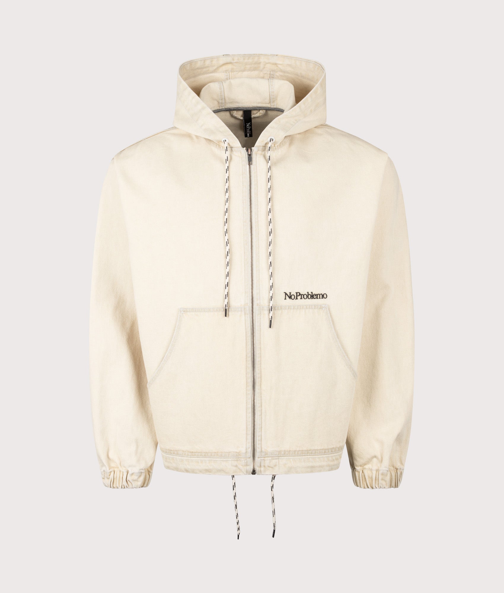 No Problemo Workwear Denim Jacket in Sand by No Problemo. Shot by EQVVS. Front shot.