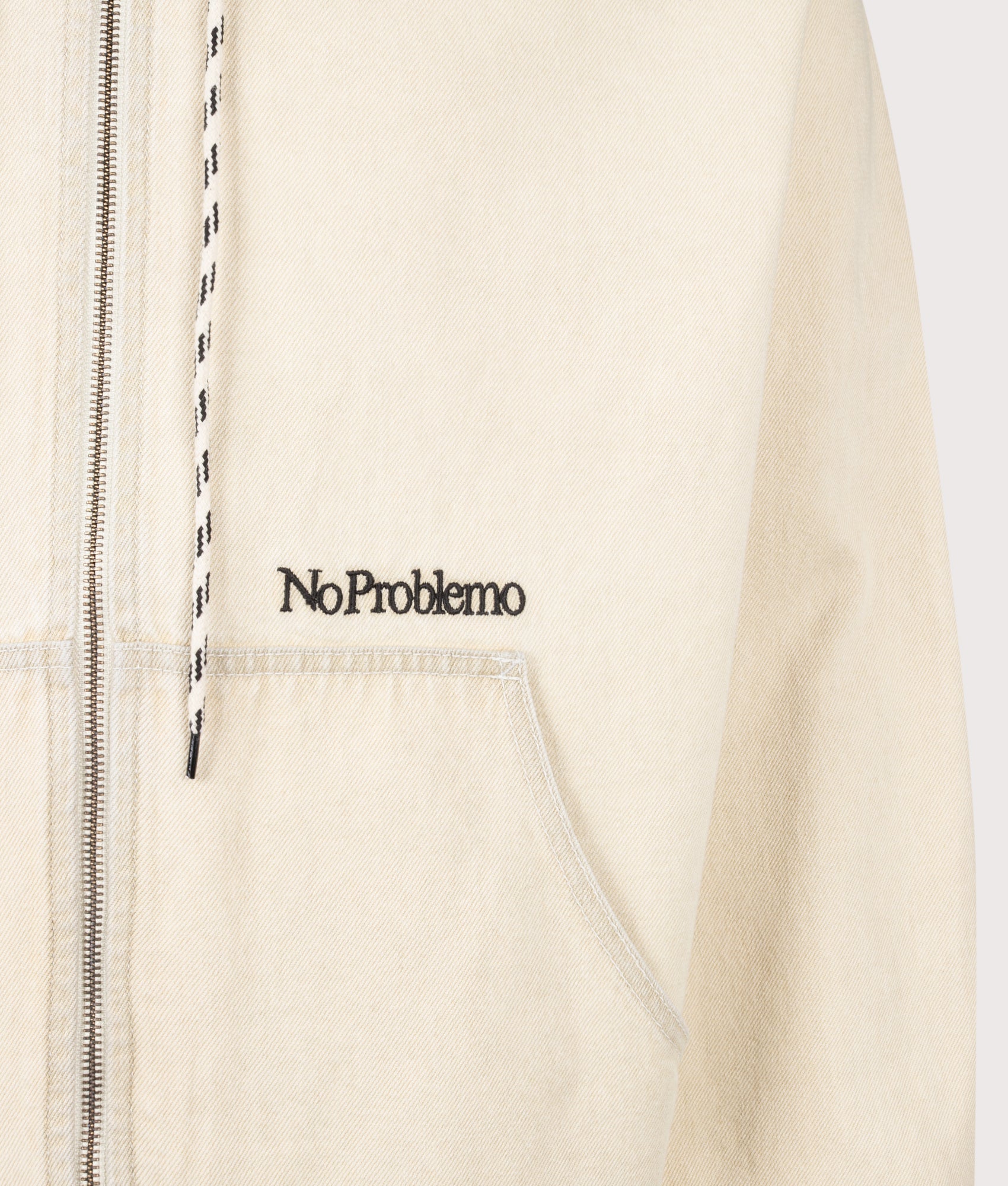 No Problemo Workwear Denim Jacket in Sand by No Problemo. Shot by EQVVS. Detail shot.