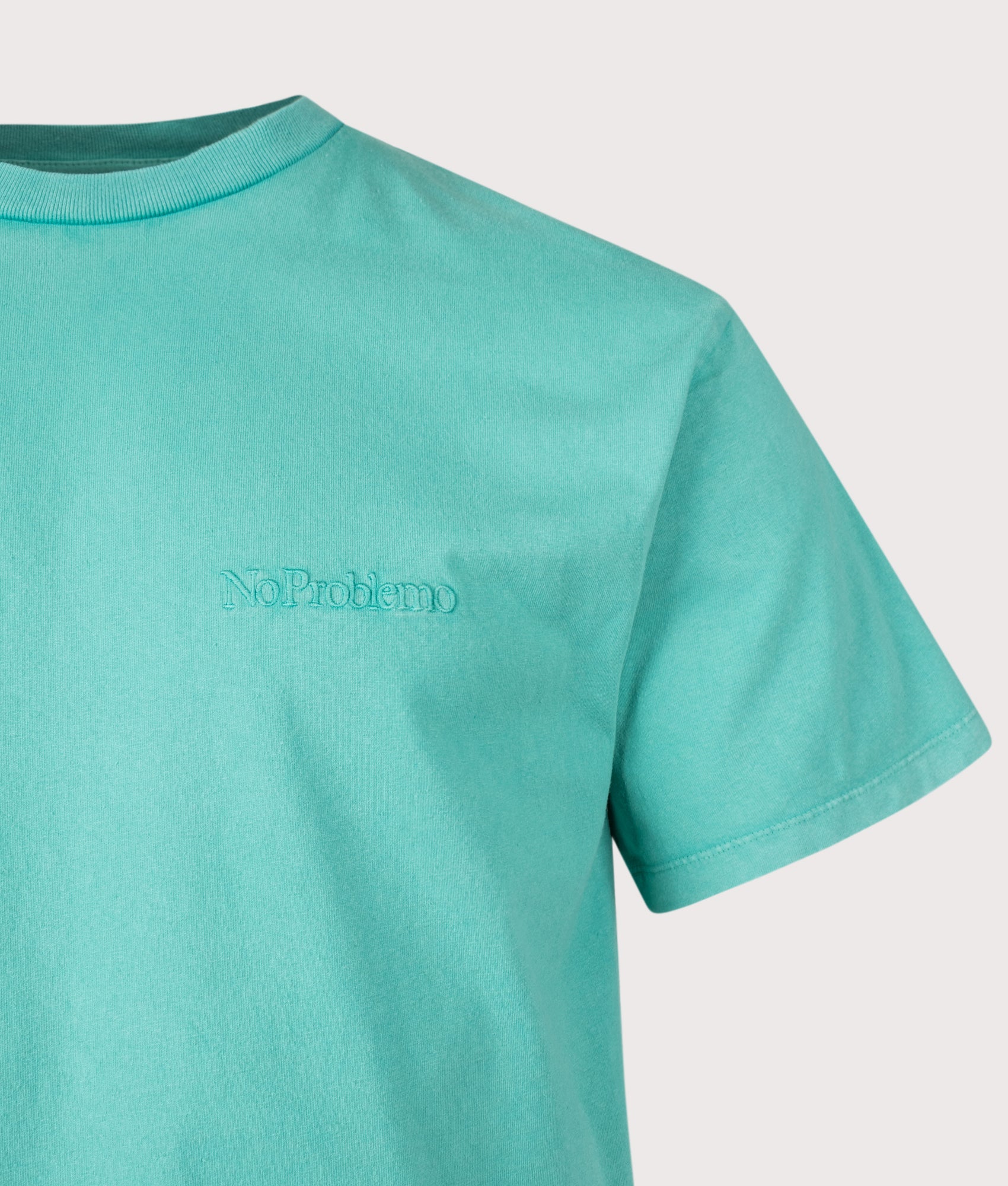No Problemo Faded Mini Problemo T-Shirt in Aqua at EQVVS Menswear. Detail shot.