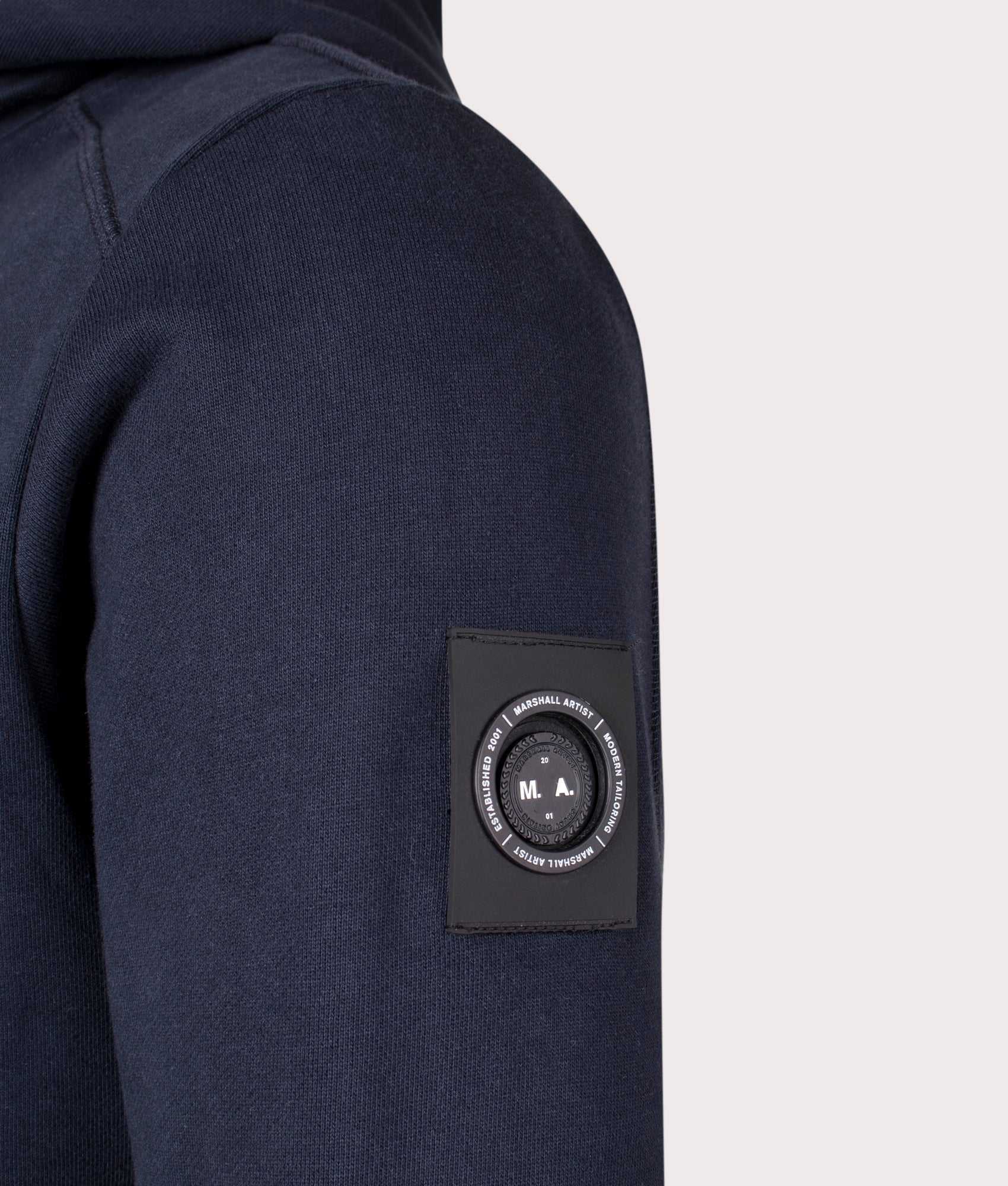 Siren Zip Through Hoodie in Navy by Marshall Artist. EQVVS Detail Shot.