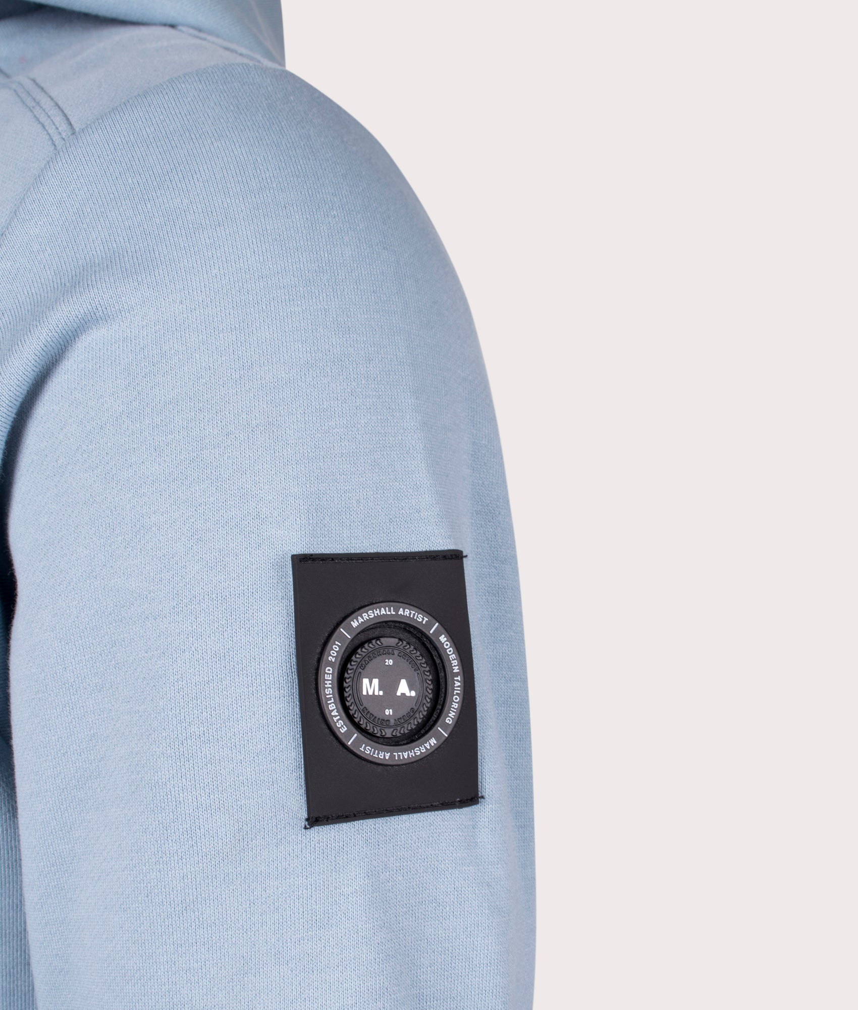 Siren Zip Through Hoodie in Dusk Blue by Marshall Artist. Detail shot at EQVVS.