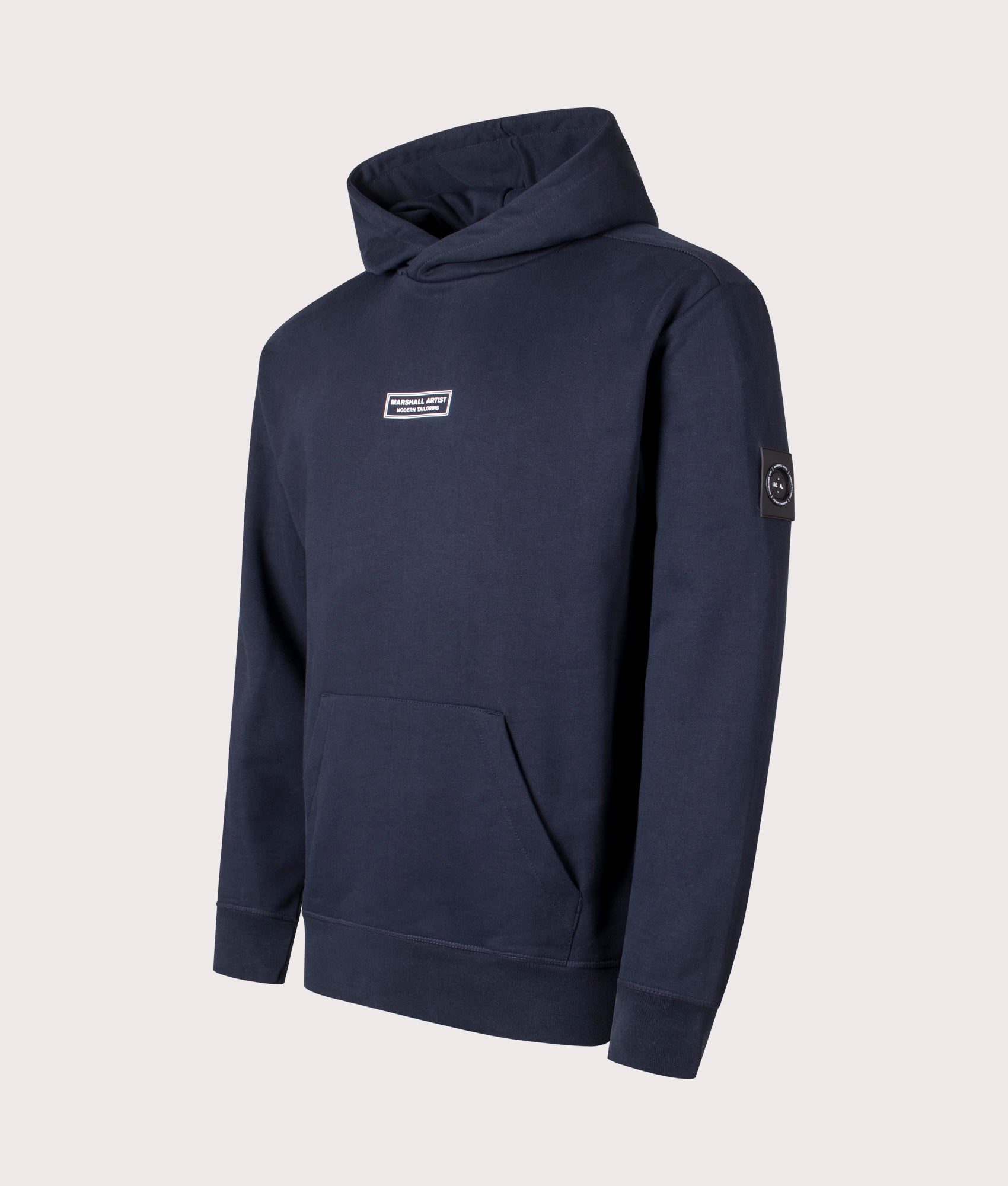 Marshall Artist Siren Overhead Hoodie in Navy, 100% Cotton Angle Shot at EQVVS