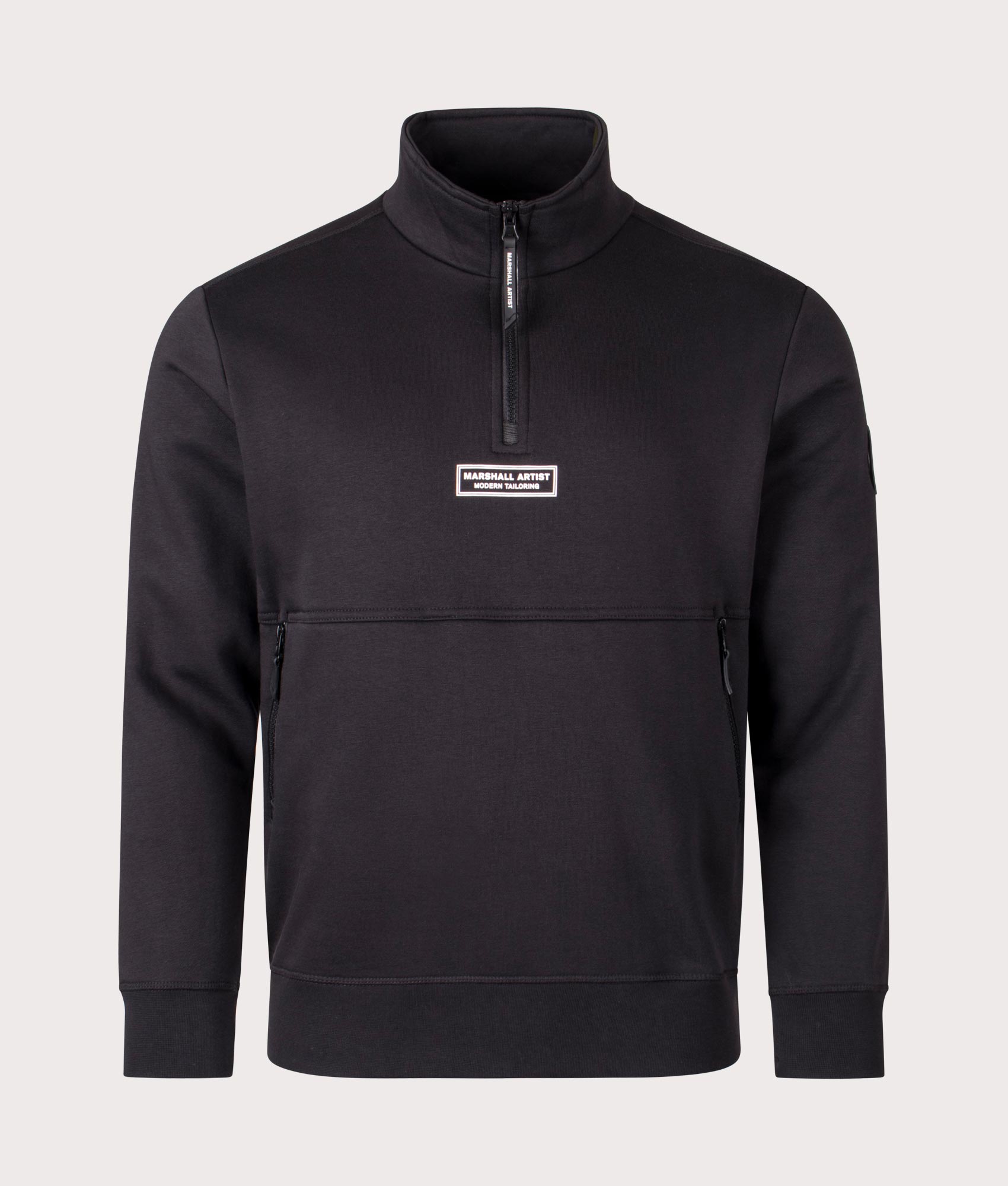 Black Marshall Artist Quarter Zip Sweatshirt. Shot at EQVVS. Front shot. 