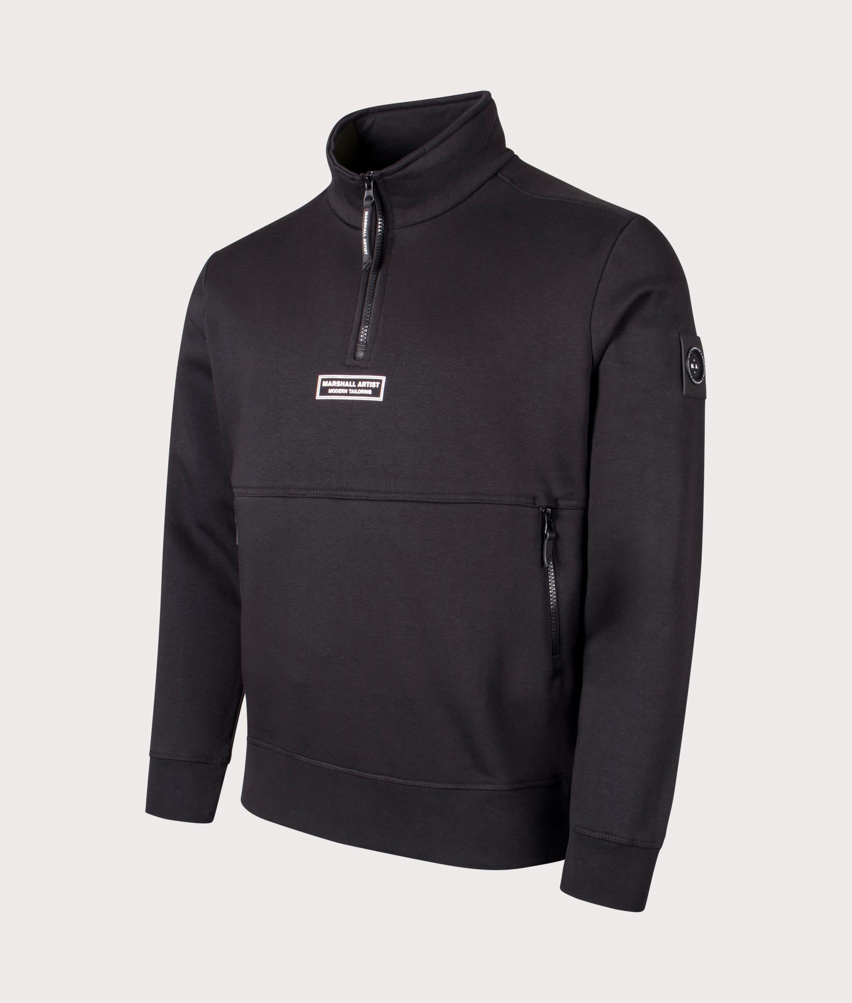 Black Marshall Artist Quarter Zip Sweatshirt. Shot at EQVVS. Angle shot. 