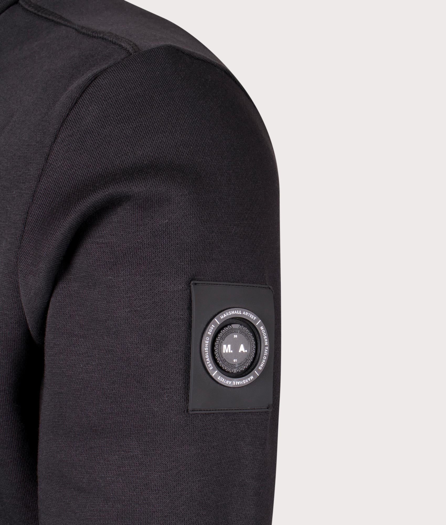 Black Marshall Artist Quarter Zip Sweatshirt. Shot at EQVVS. Detail shot. 