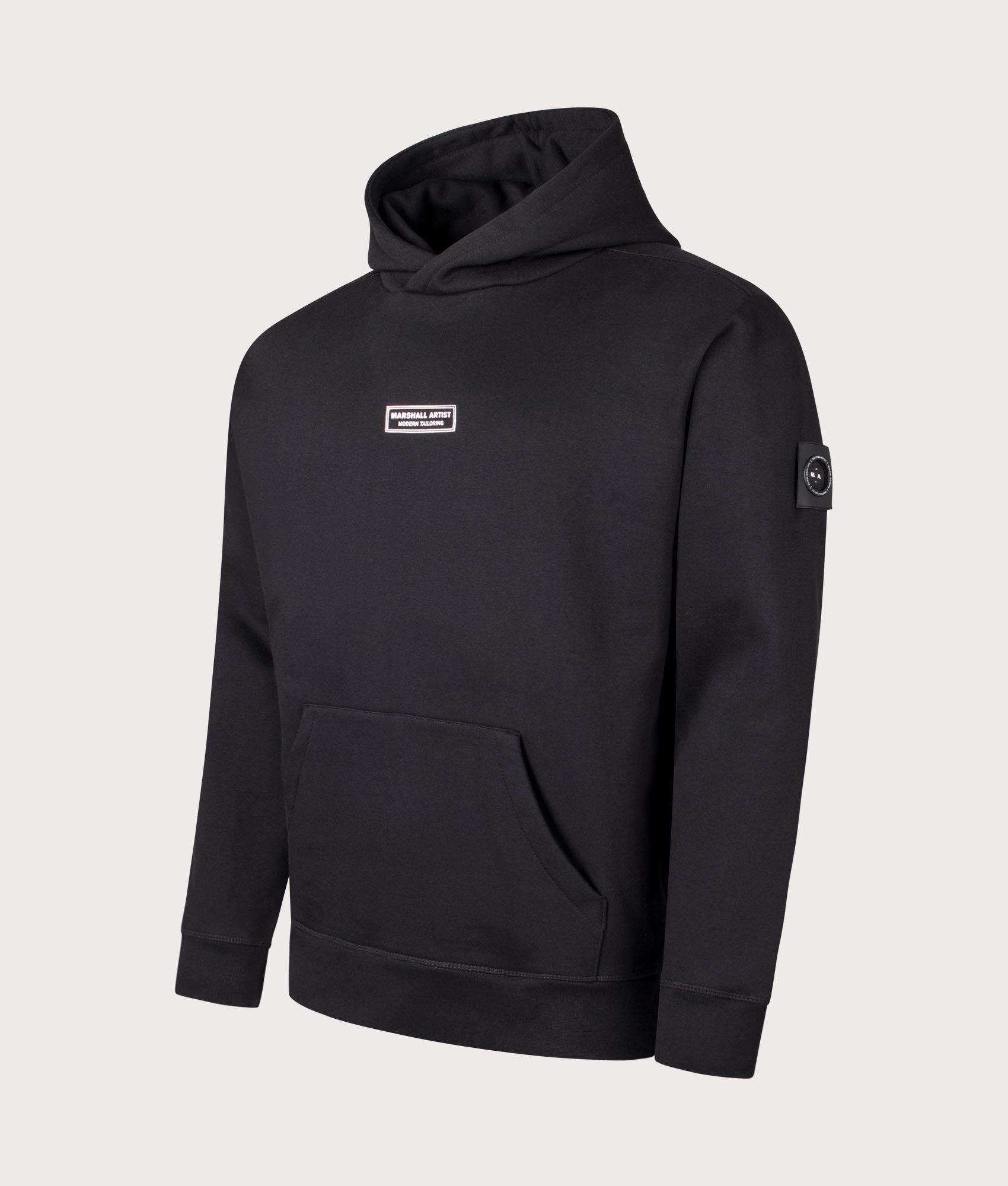 Marshall Artist Siren Hoodie in Black at EQVVS Menswear. Angled front shot.
