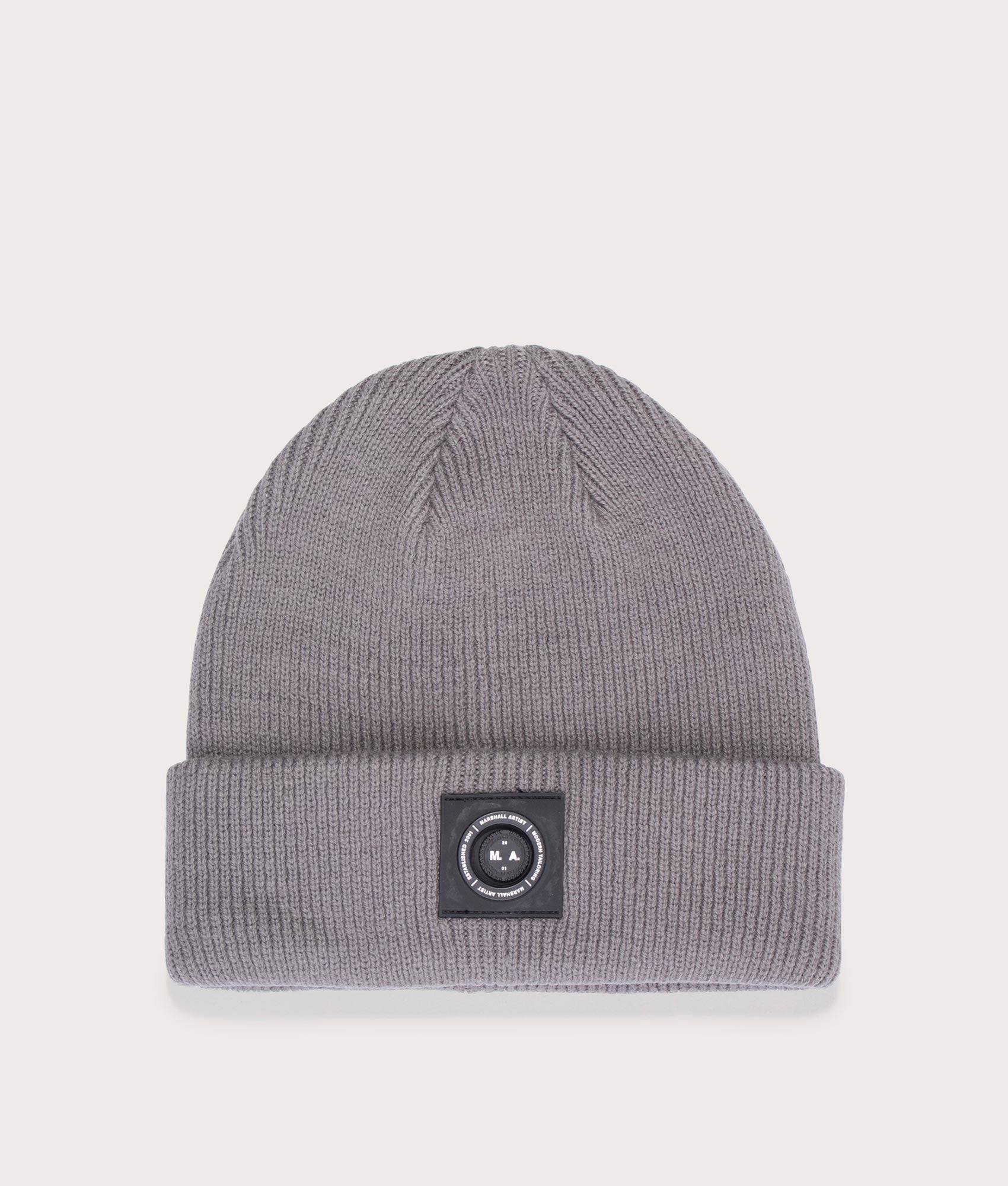 Marshall Artist Siren Knitted Beanie in Grey. At EQVSS Menswear. Front detail shot 