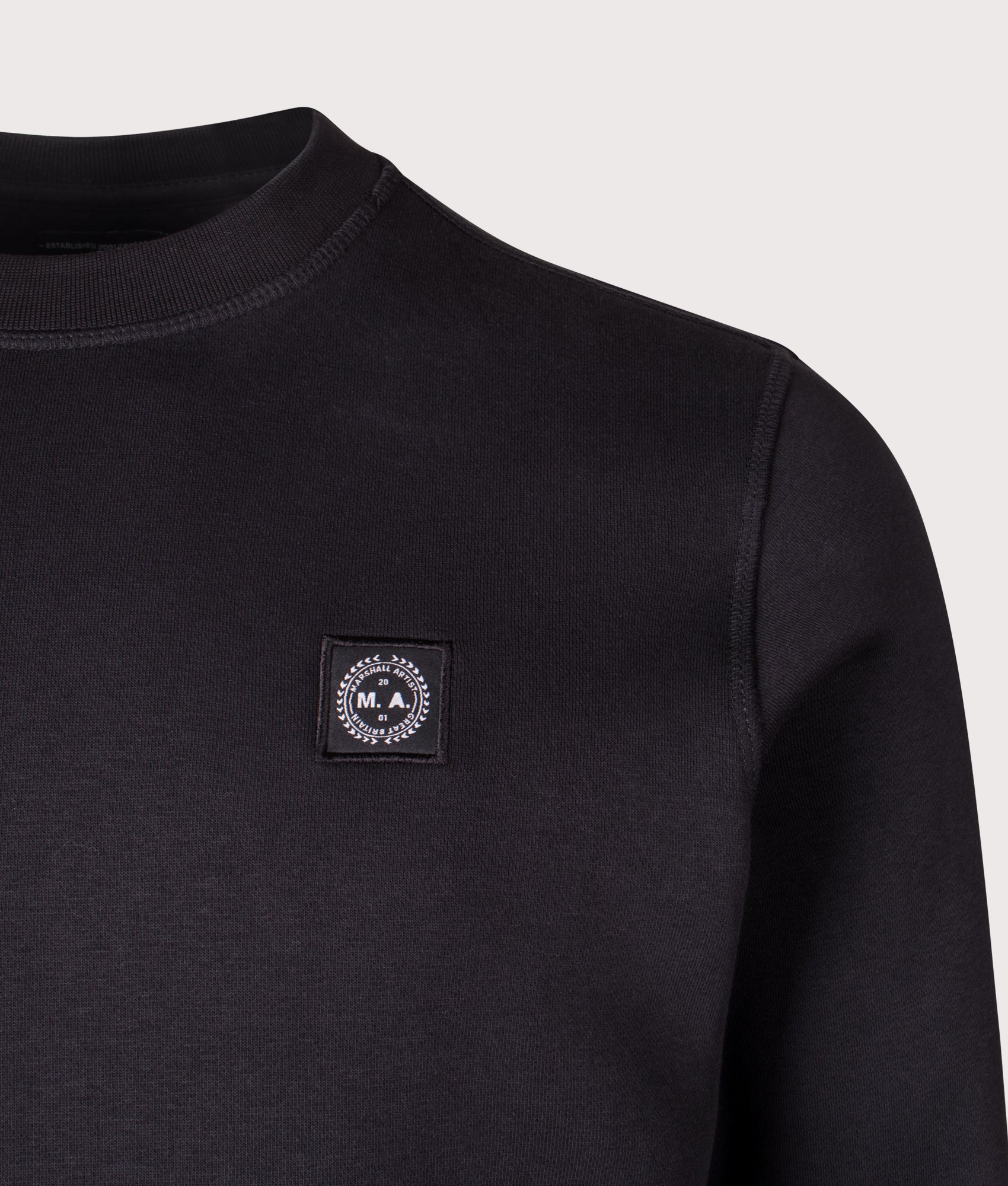 Marchio Crewneck Sweatshirt by Marshall Artist in Black. Shot by EQVVS. Detail shot.
