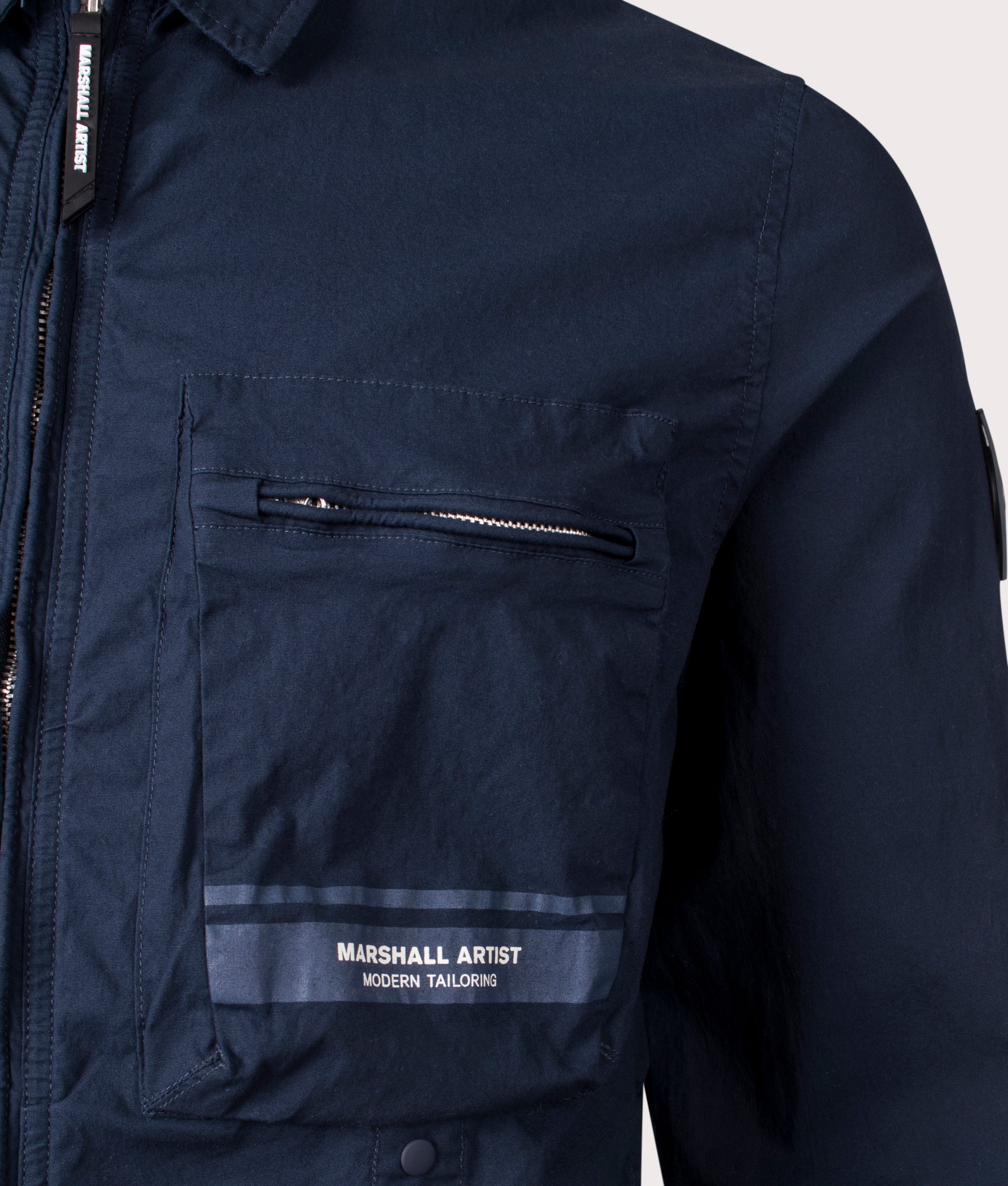 Marshall Artist Seafield Overshirt in Navy. Shot at EQVVS. Pocket shot
