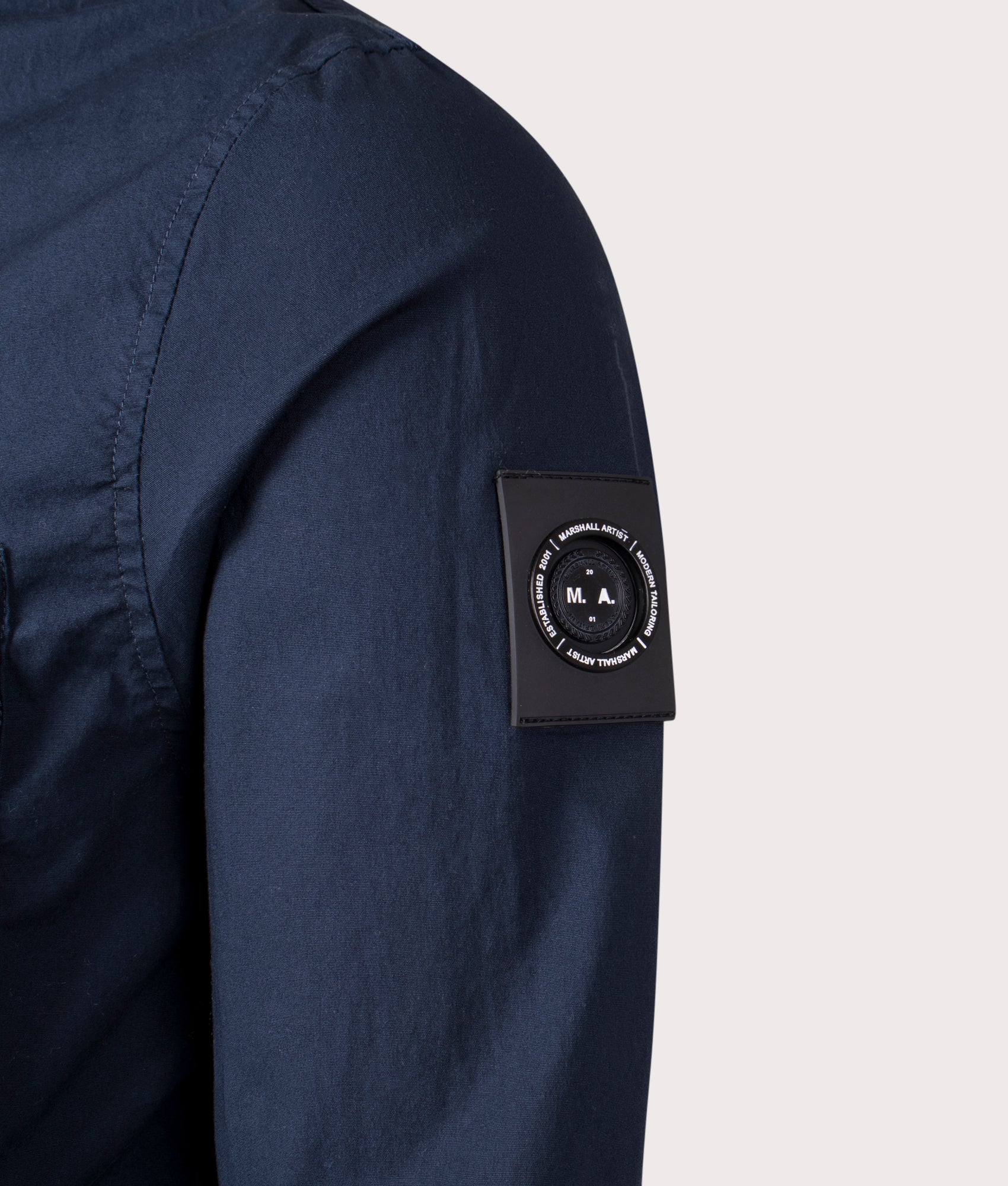 Marshall Artist Seafield Overshirt in Navy. Shot at EQVVS. Detail shot