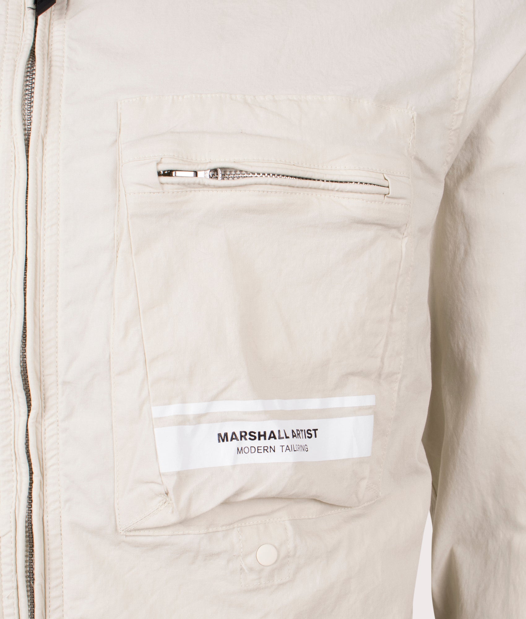 Marshall Artist Seafield Overshirt in Stone. Shot at EQVVS. Pocket shot