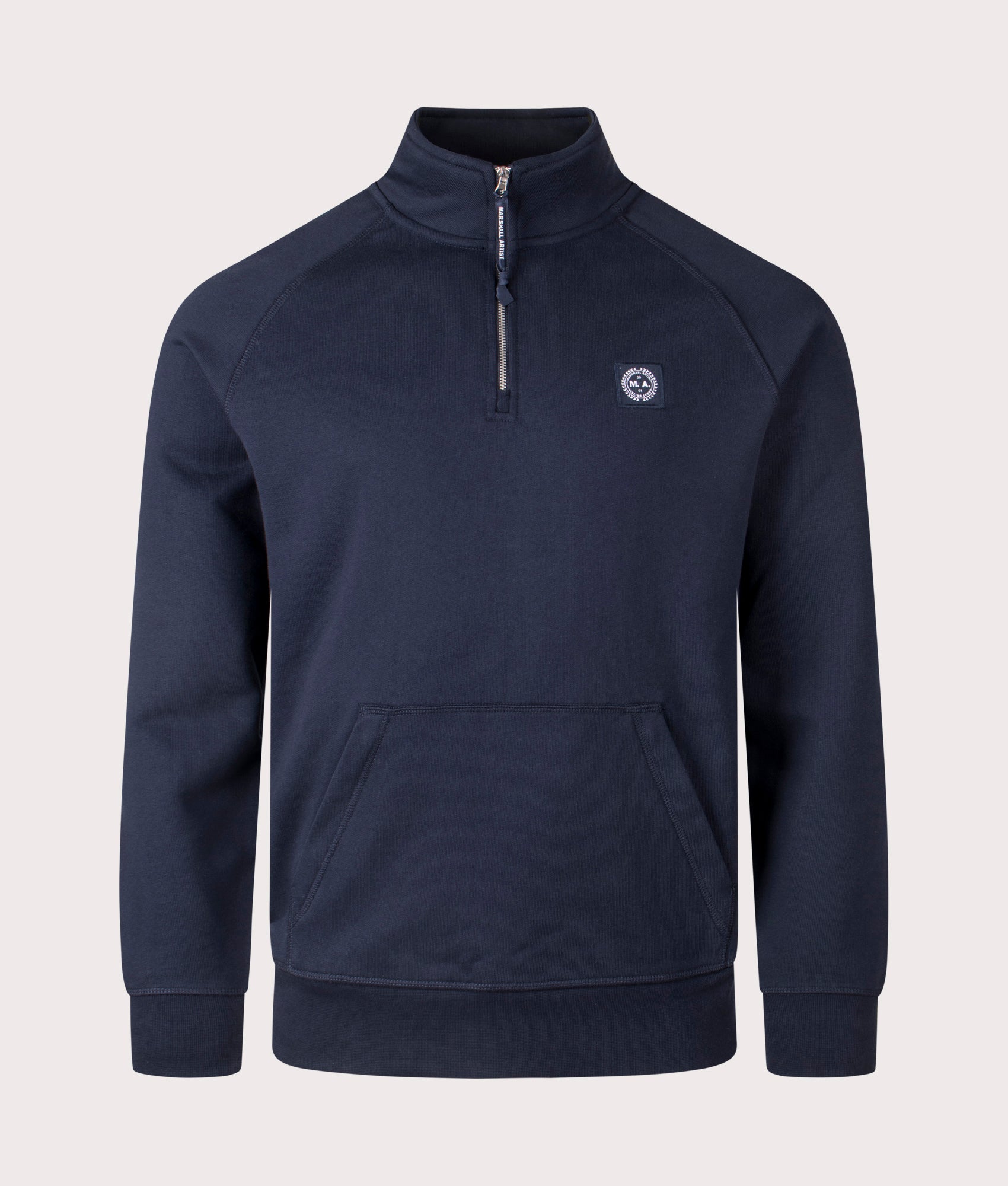 Marshall Artist Relaxed Fit Foundation Quarter Zip Sweatshirt in Navy. Shot at EQVVS.  Front shot