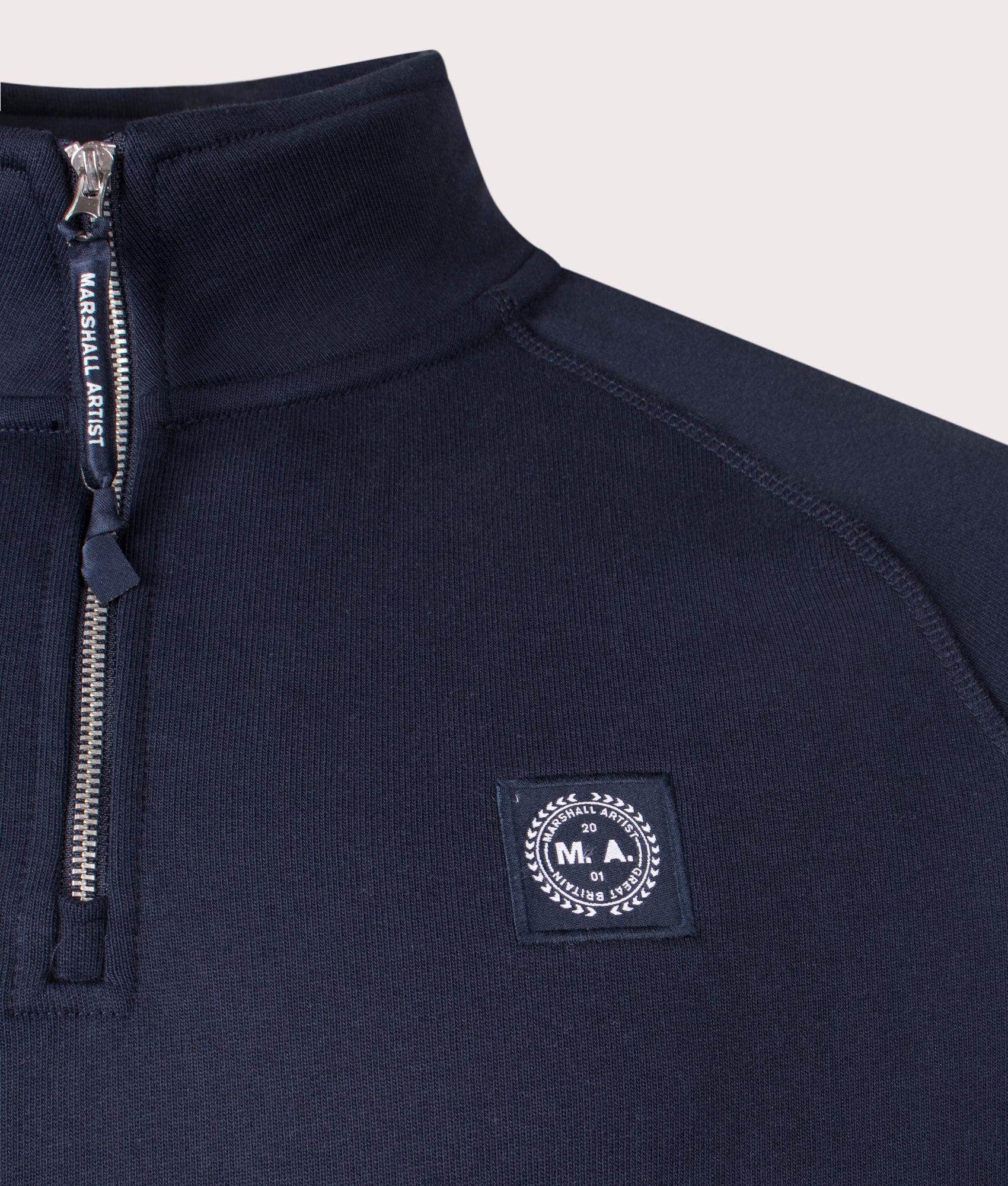 Marshall Artist Relaxed Fit Foundation Quarter Zip Sweatshirt in Navy. Shot at EQVVS. Detail shot
