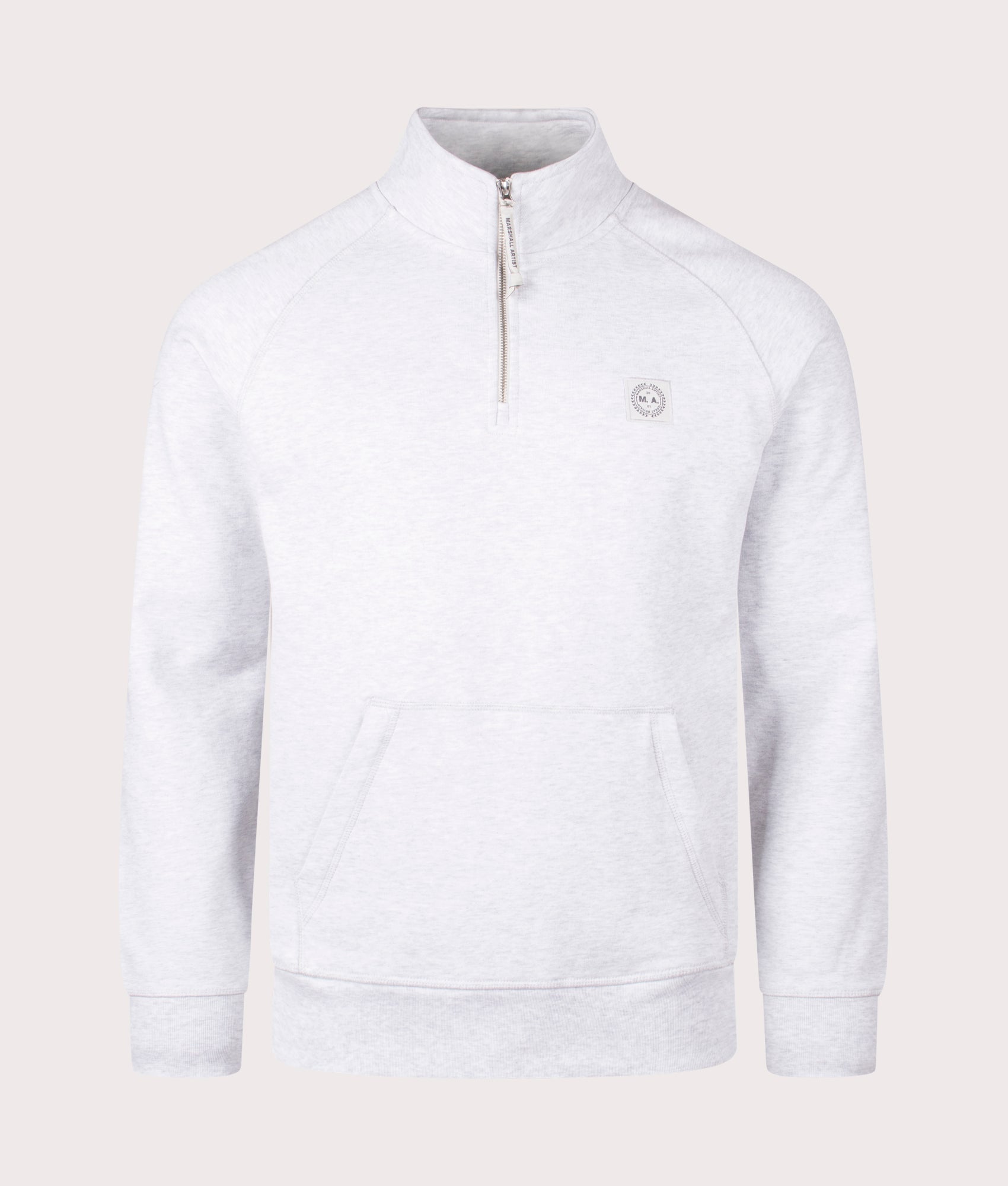 Marshall Artist Relaxed Fit Foundation Quarter Zip Sweatshirt in Snow Marl. Shot at EQVVS. Front shot