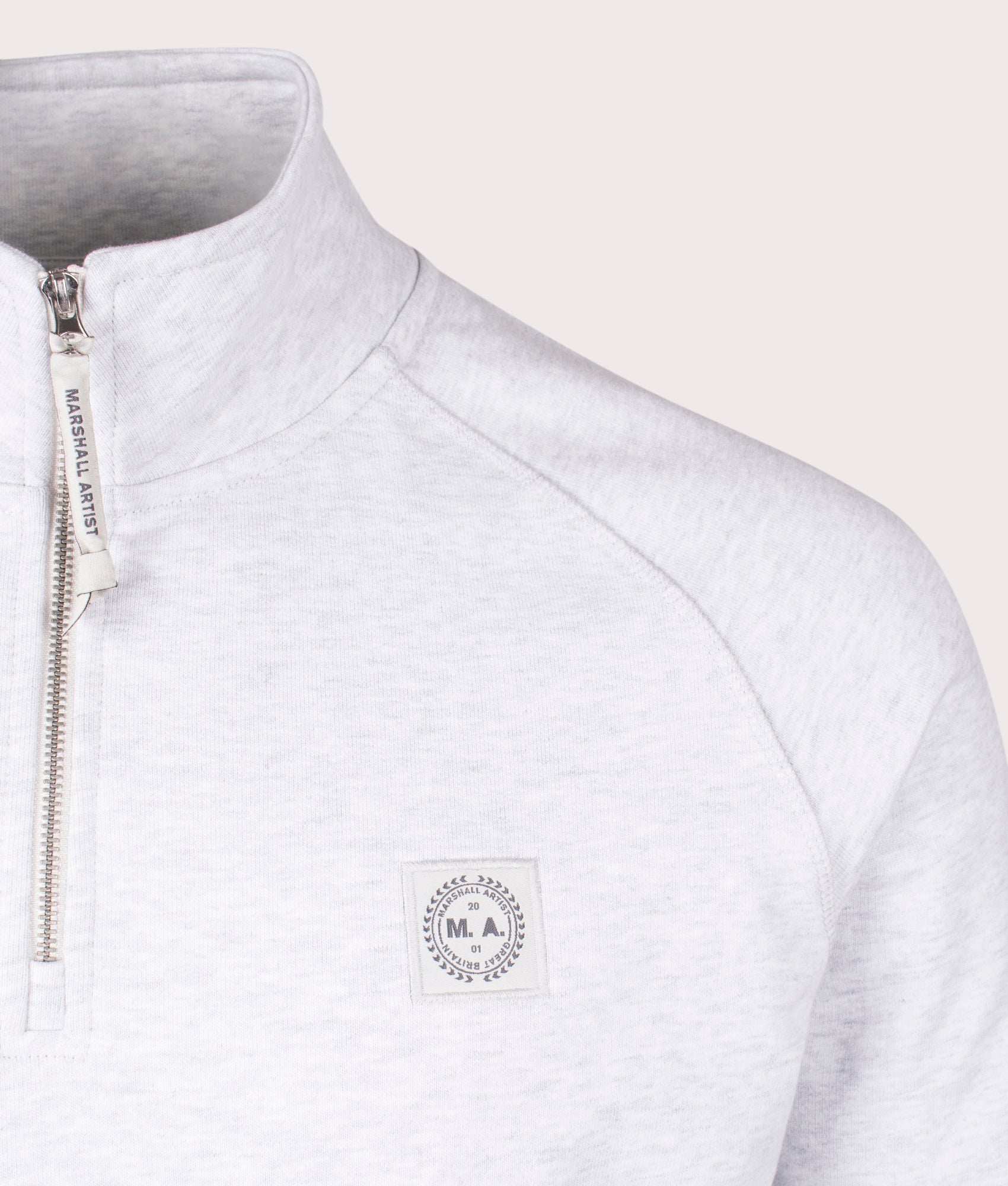 Marshall Artist Relaxed Fit Foundation Quarter Zip Sweatshirt in Snow Marl. Shot at EQVVS. Detail shot