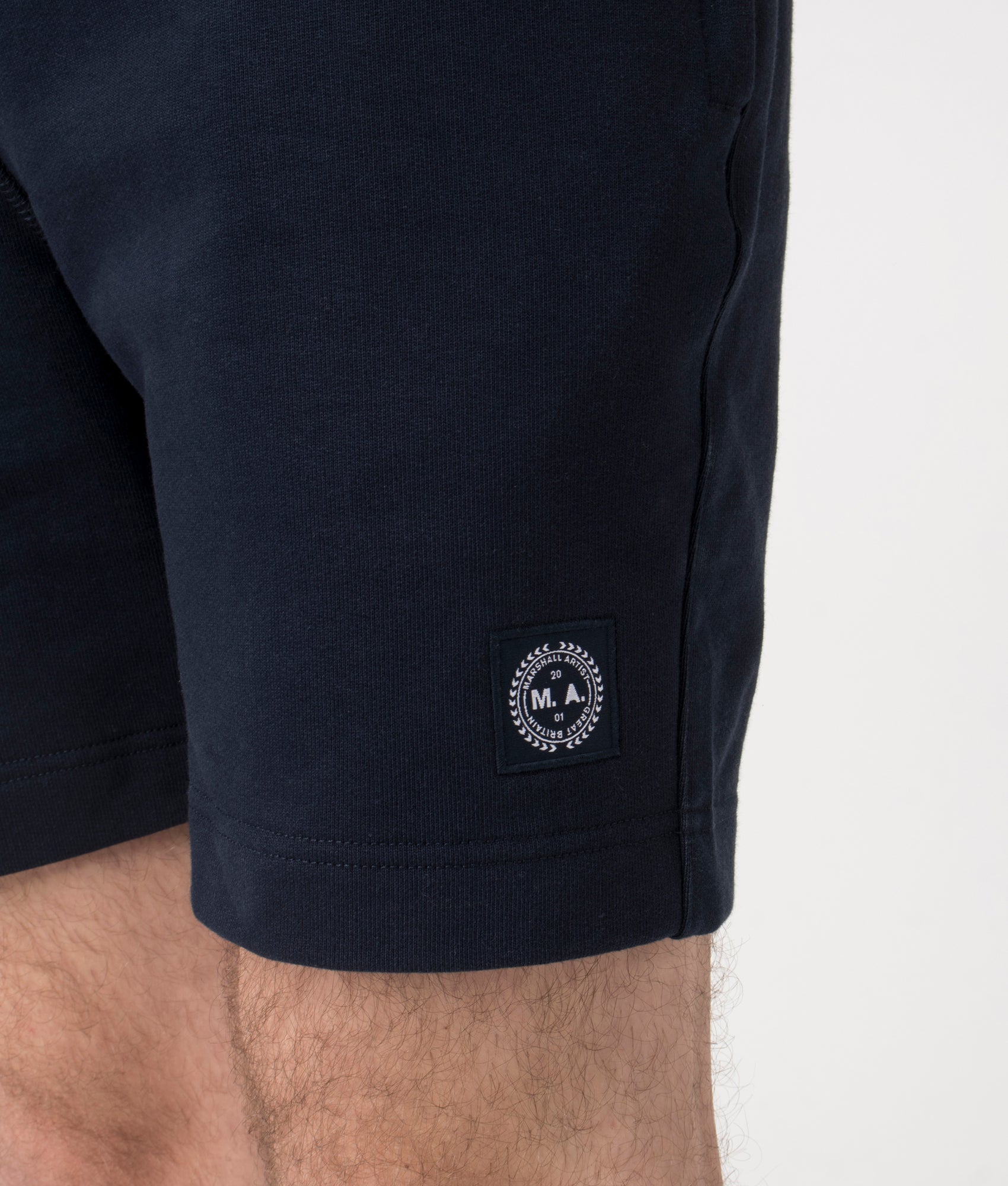 Marshall Artist Foundation Shorts in Navy at EQVVS. Detail Shot.