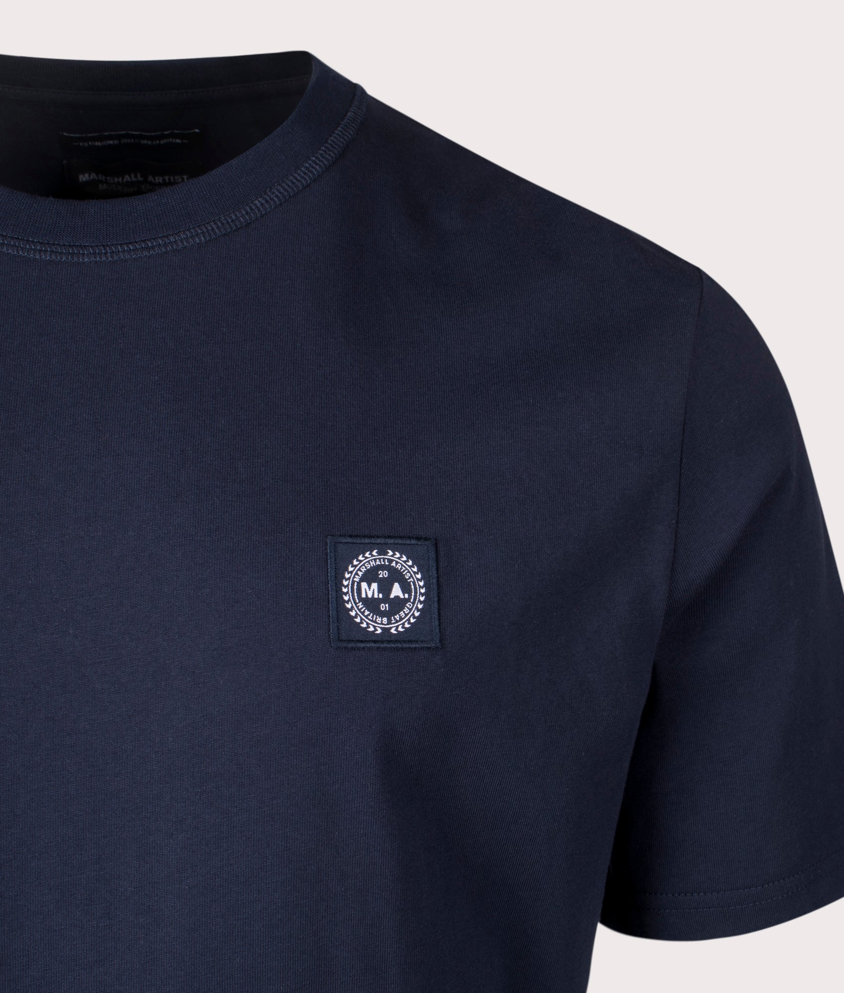 Marshall Artist Foundation T-shirt in Navy. Shot at EQVVS. Detail shot