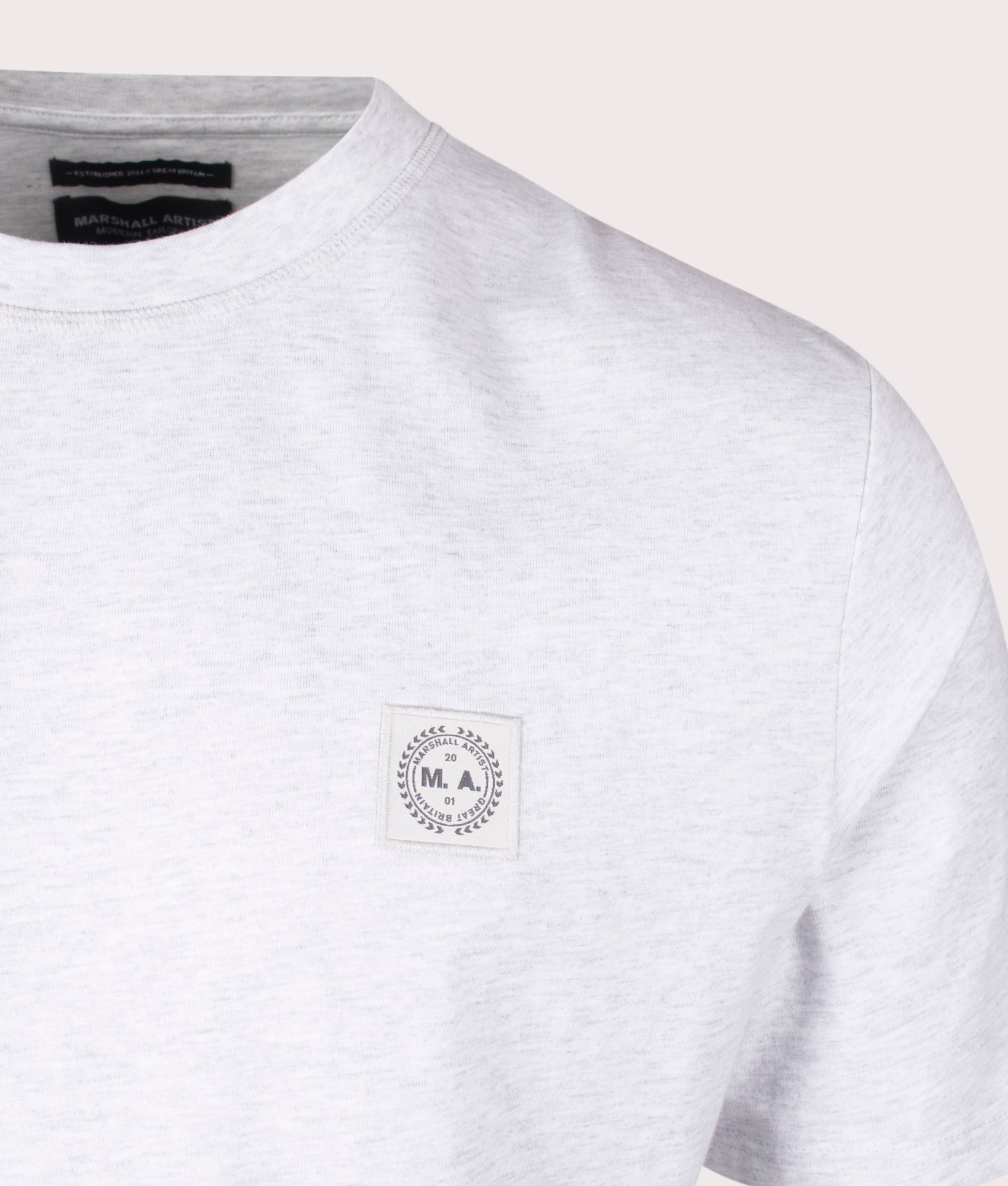 Marshall Artist Foundation T-shirt in Snow Marl. Shot at EQVVS. Detail shot