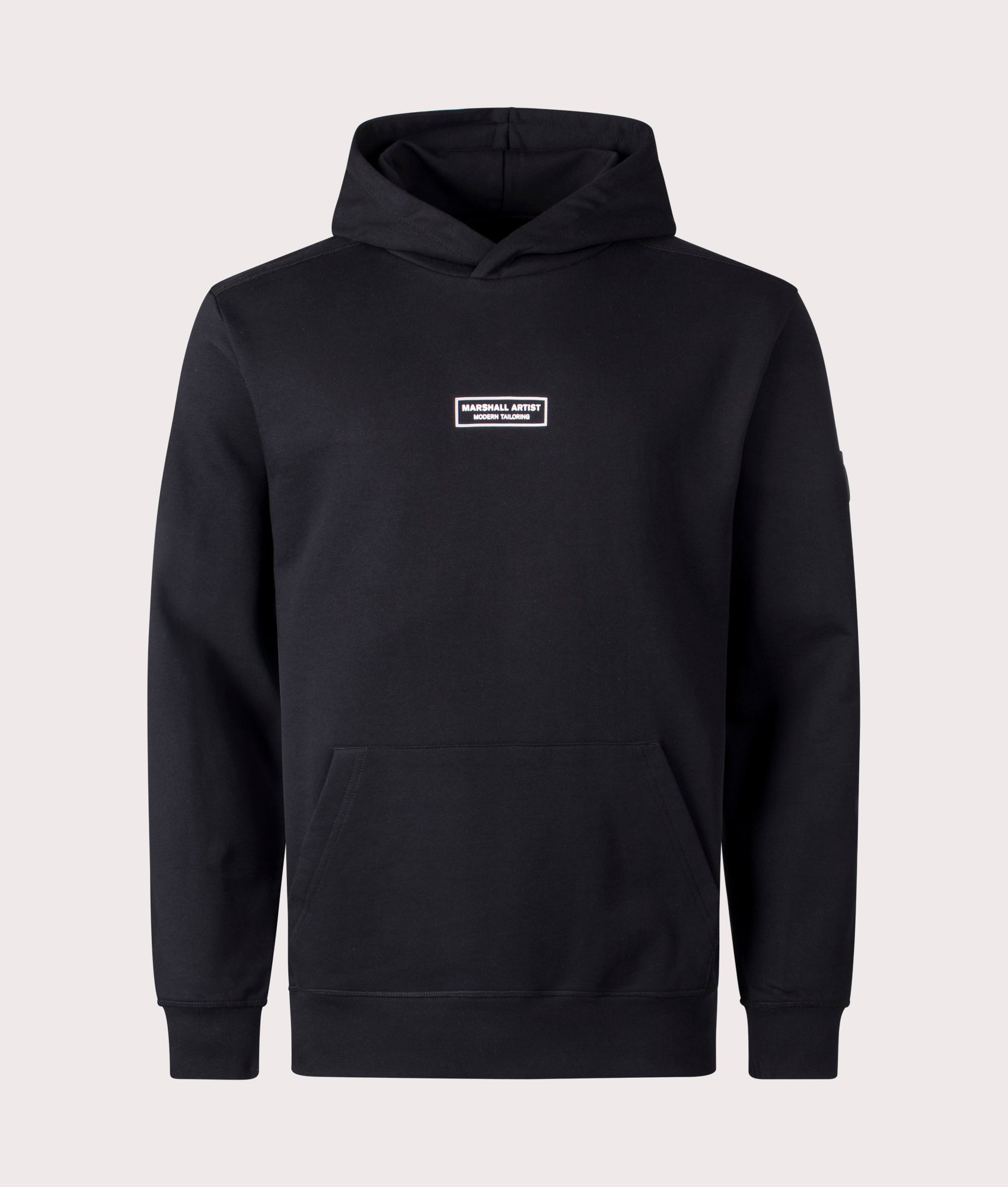 Marshall Artist Siren Overhead Hoodie in Black. Shot at EQVVS. Front detail shot 
