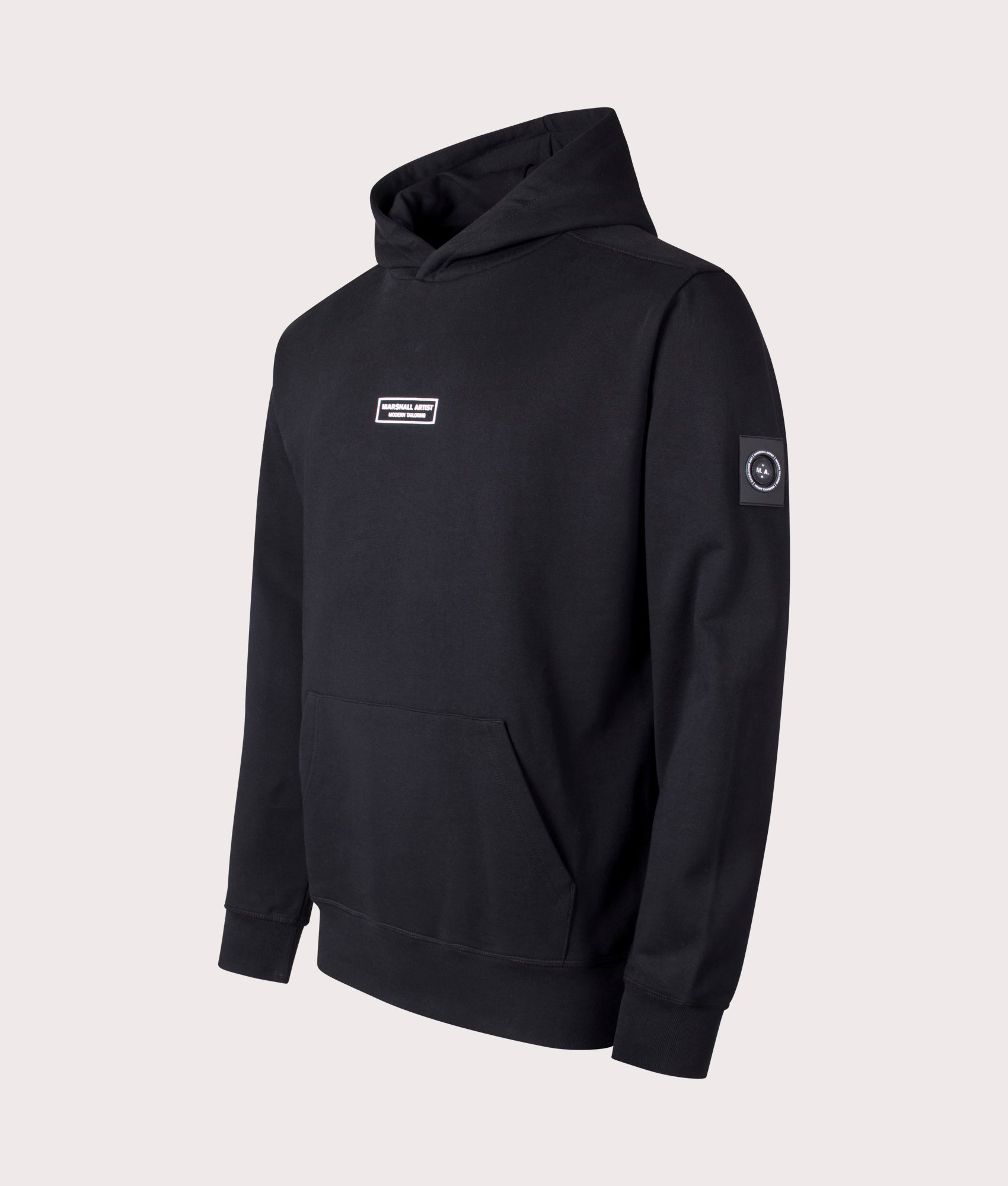 Marshall Artist Siren Overhead Hoodie in Black. Shot at EQVVS. Front angle shot 