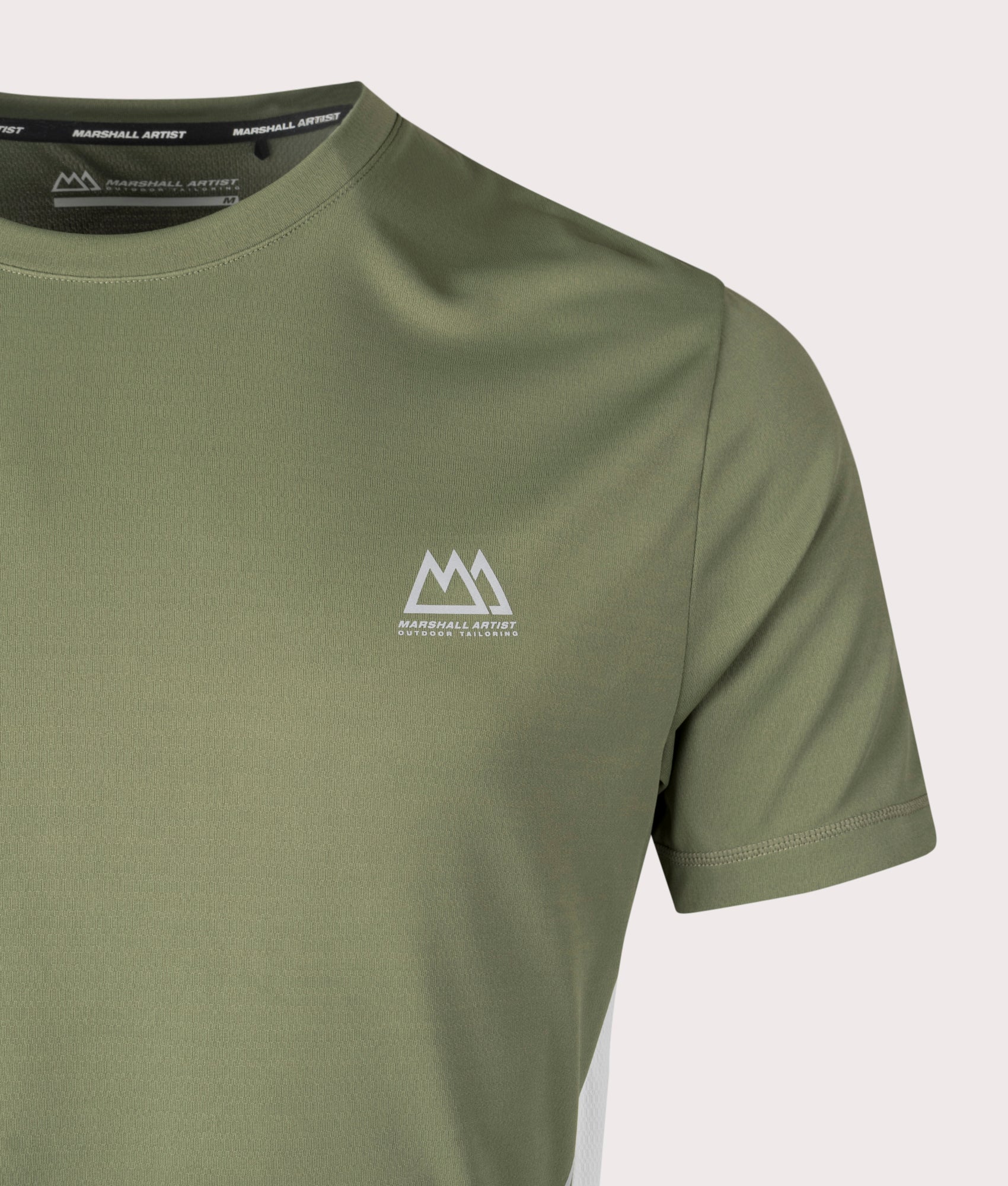 Marshall Artist Nevis T-Shirt in Khaki Green at EQVVS. Detail Shot.