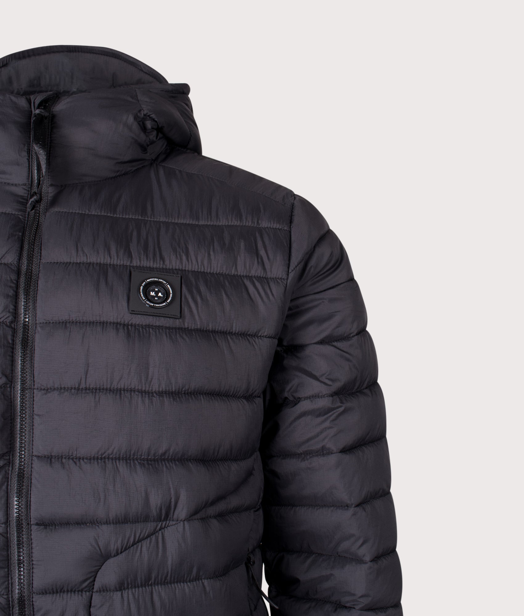 Ashdale Bubble Jacket in Black | Nylon Shell | Marshall Artist | EQVVS | Front detail shot 