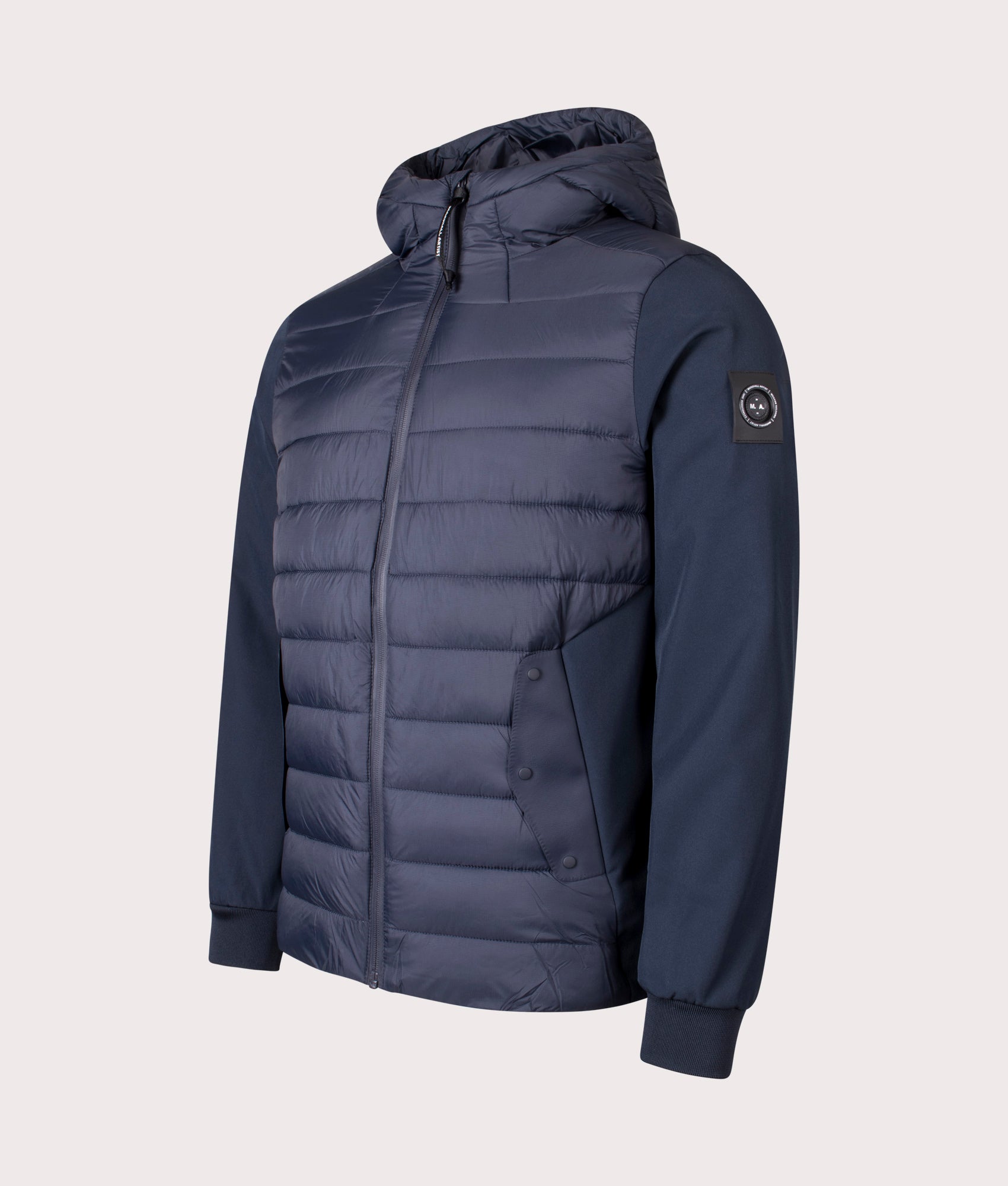 The Marshall Artist Forseti Jacket in Navy at EQVVS Menswear. Angled Front shot. 