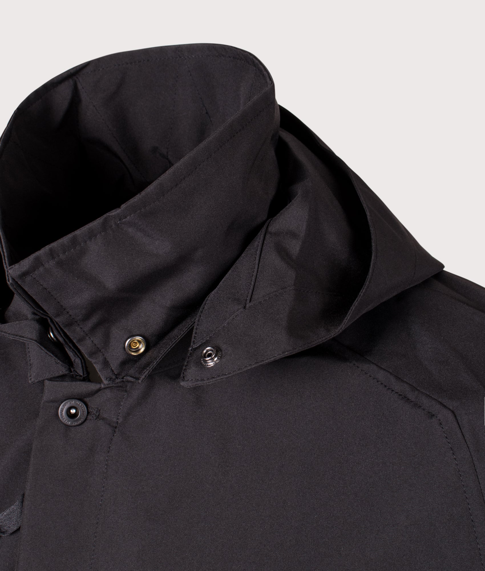 Brunswick Trench Coat by Marshall Artist in Black. Shot by EQVVS. Detail collar shot.