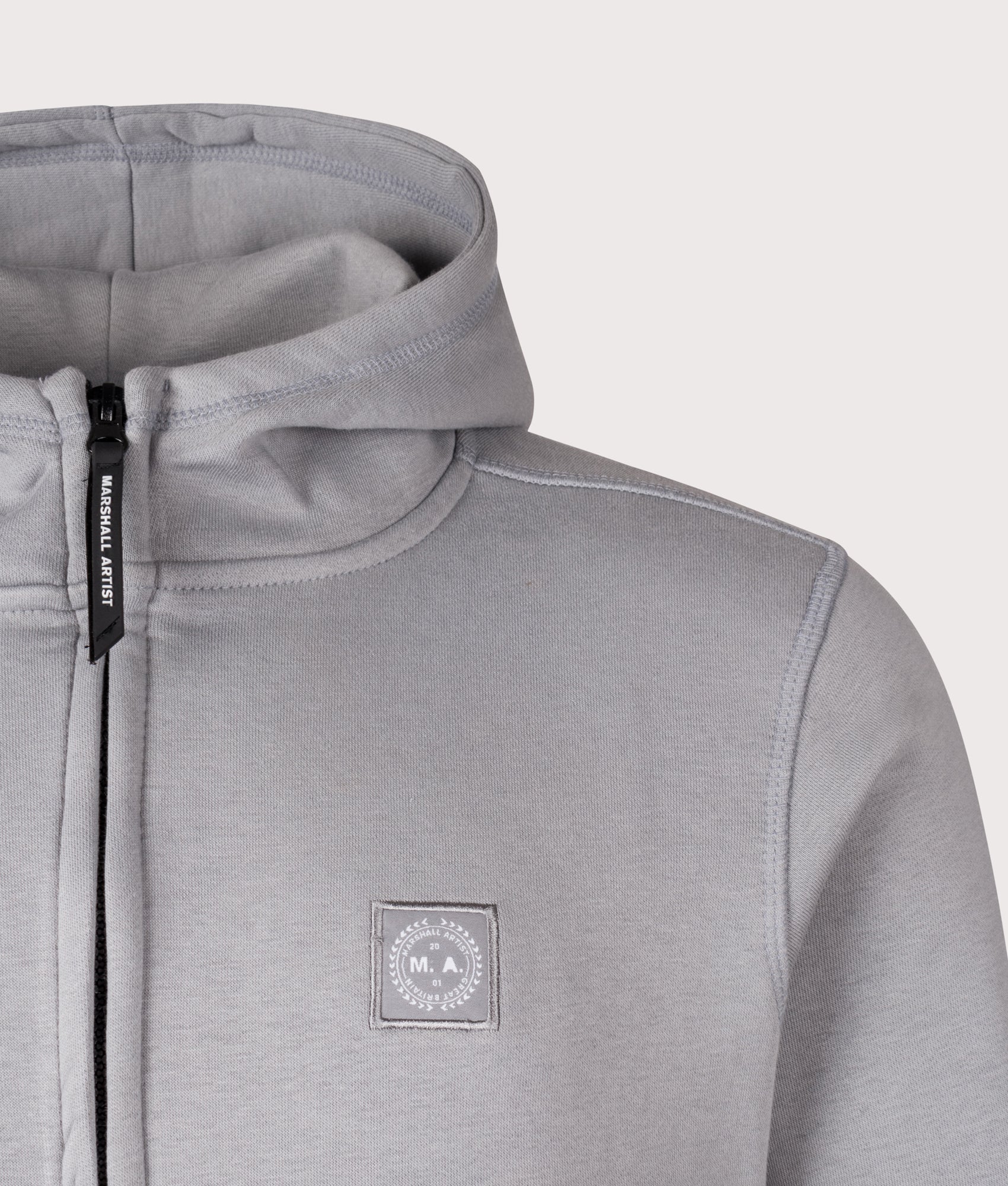 Marchio Full Zip Hoodie by Marshall Artist in Nardo Grey. Shot by EQVVS. Detail shot.