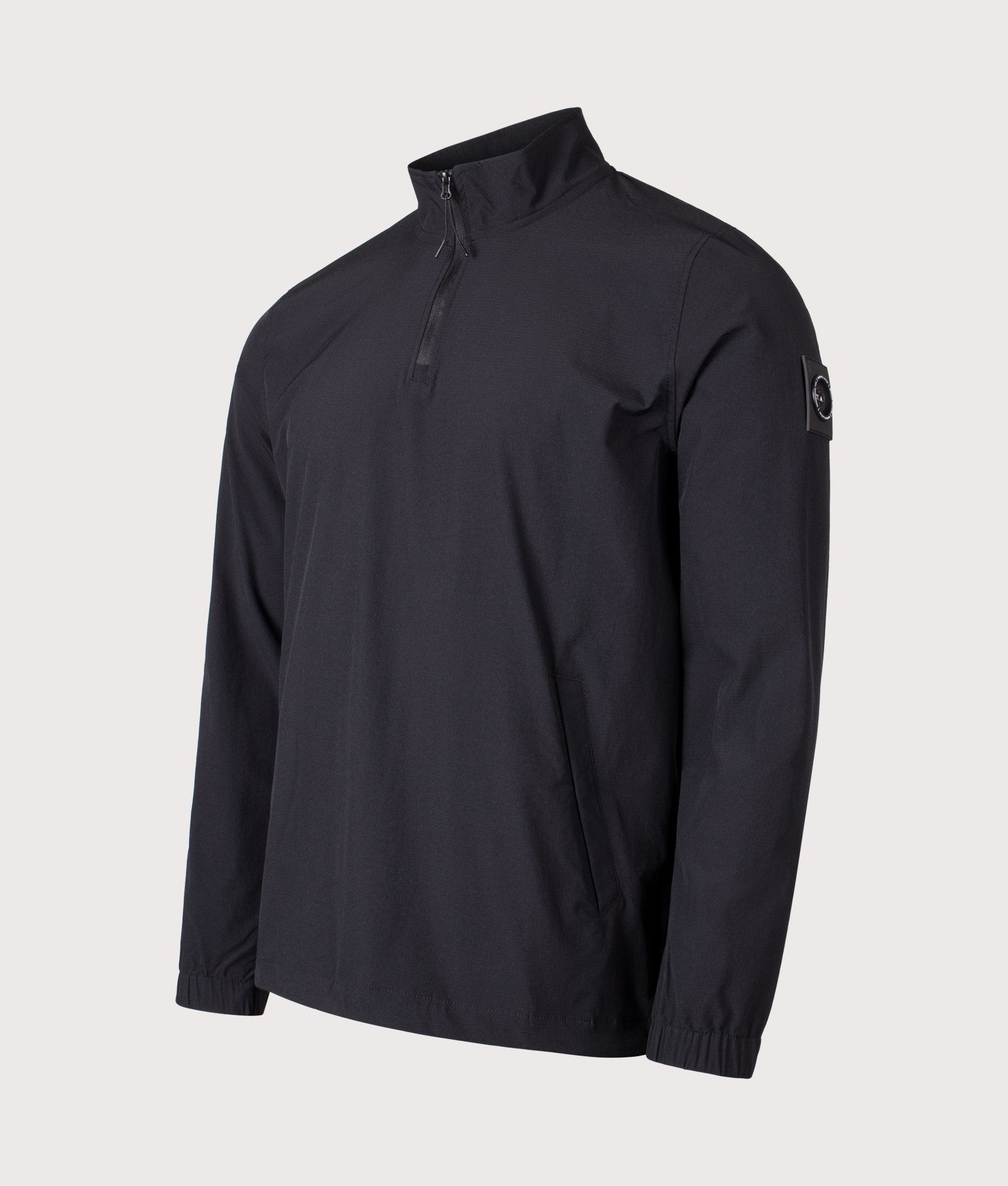 Lennox Quarter Zip Sweatshirt by Marshall Artist in Black. Shot by EQVVS. Front detail shot.