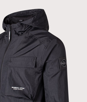 Crux Hooded Overshirt in Black | Marshall Artist | EQVVS | Front detail angle shot 