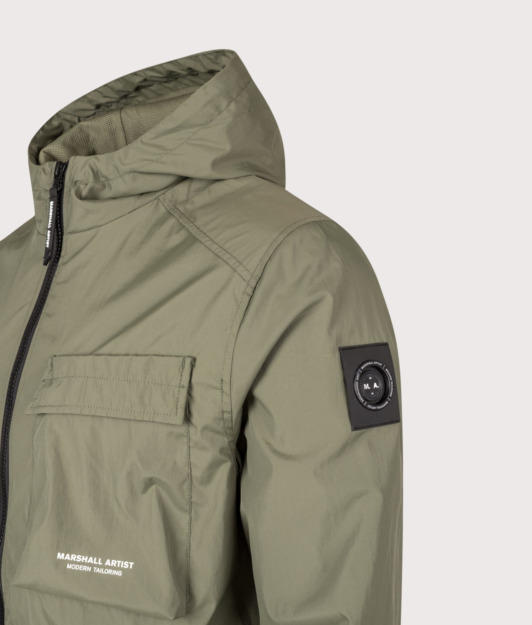 Crux Hooded Overshirt in Moss | Marshall Artist | EQVVS | Front angle detail shot 