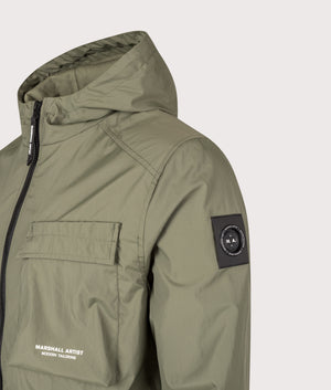 Crux Hooded Overshirt in Moss | Marshall Artist | EQVVS | Front angle detail shot 