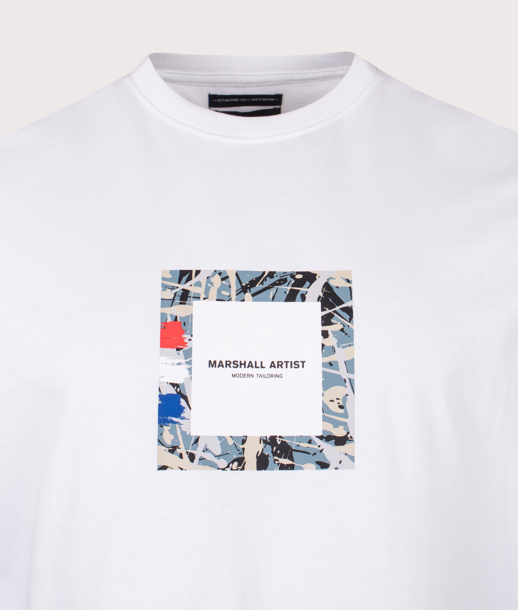 Adored Box Logo T-Shirt in White| 100% Cotton | Marshall Artist | Shot at EQVVS | Front detail shot 