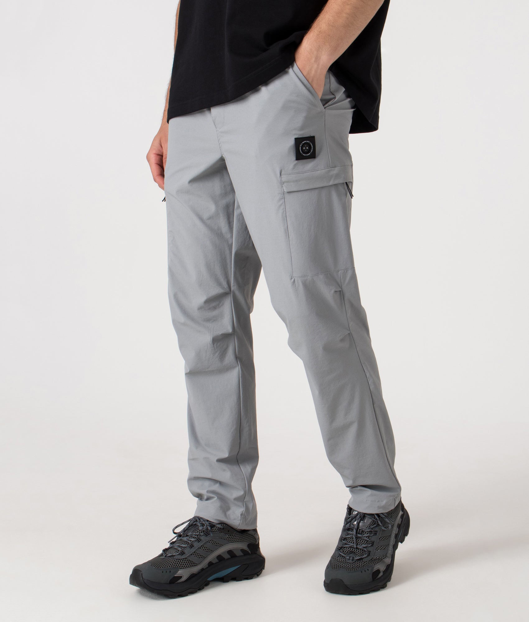 Lennox Cargo Pants by Marshall Artist in Nardo Grey. Shot by EQVVS. Front detail shot.