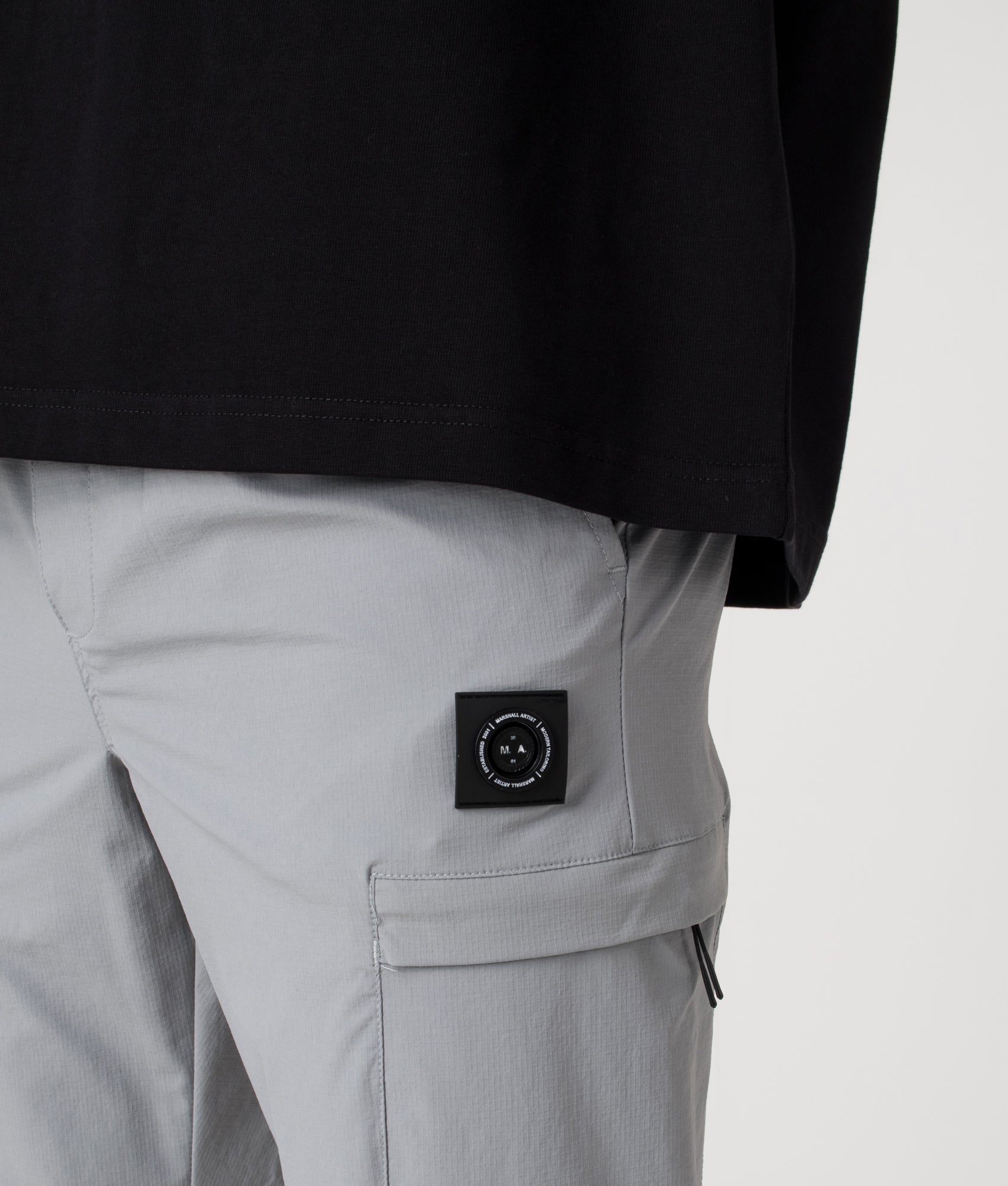 Lennox Cargo Pants by Marshall Artist in Nardo Grey. Shot by EQVVS. Front detail shot.