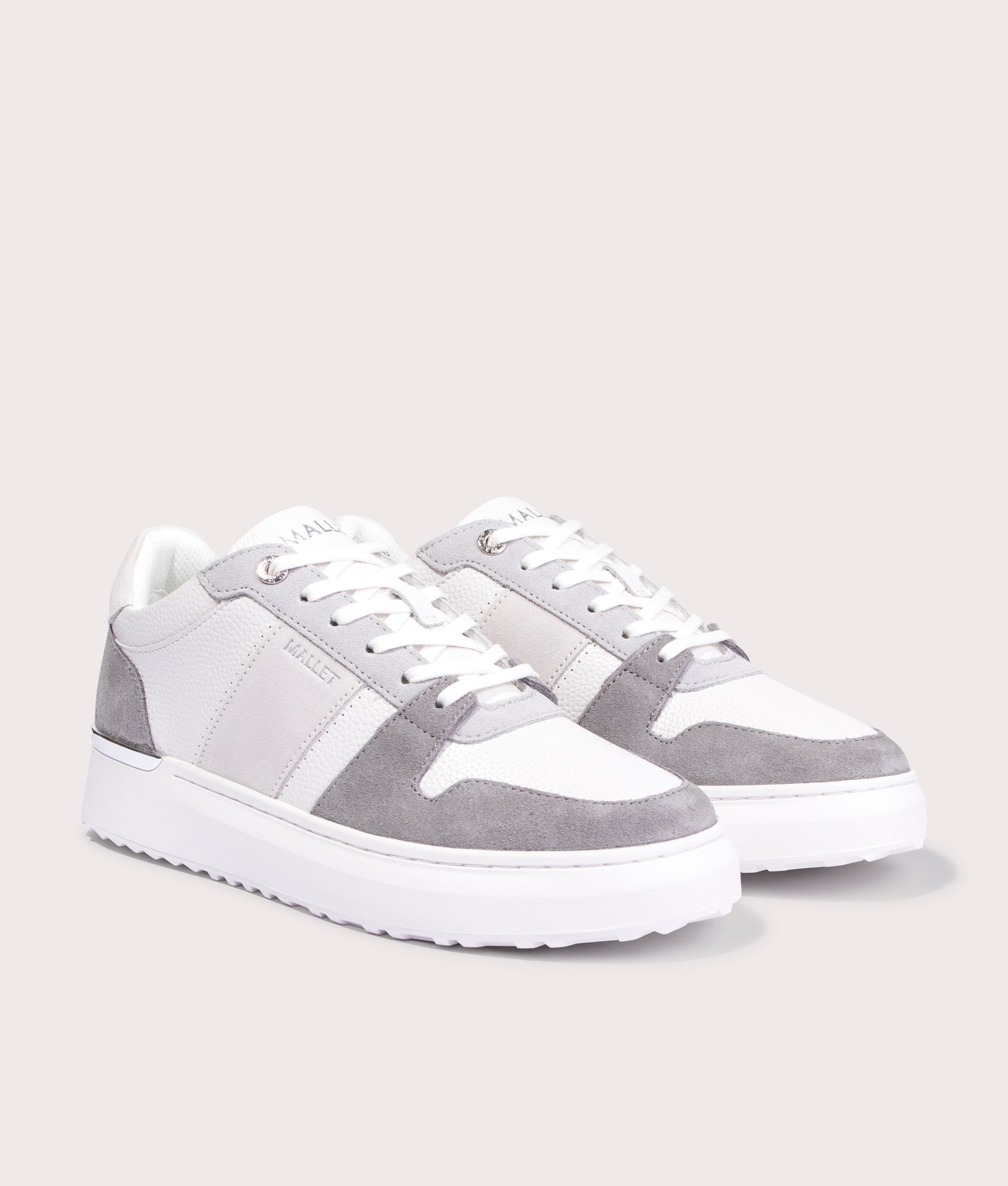 Mallet Hoxton Lite Trainers in White/Grey. Shot at EQVVS. Front angle shot 