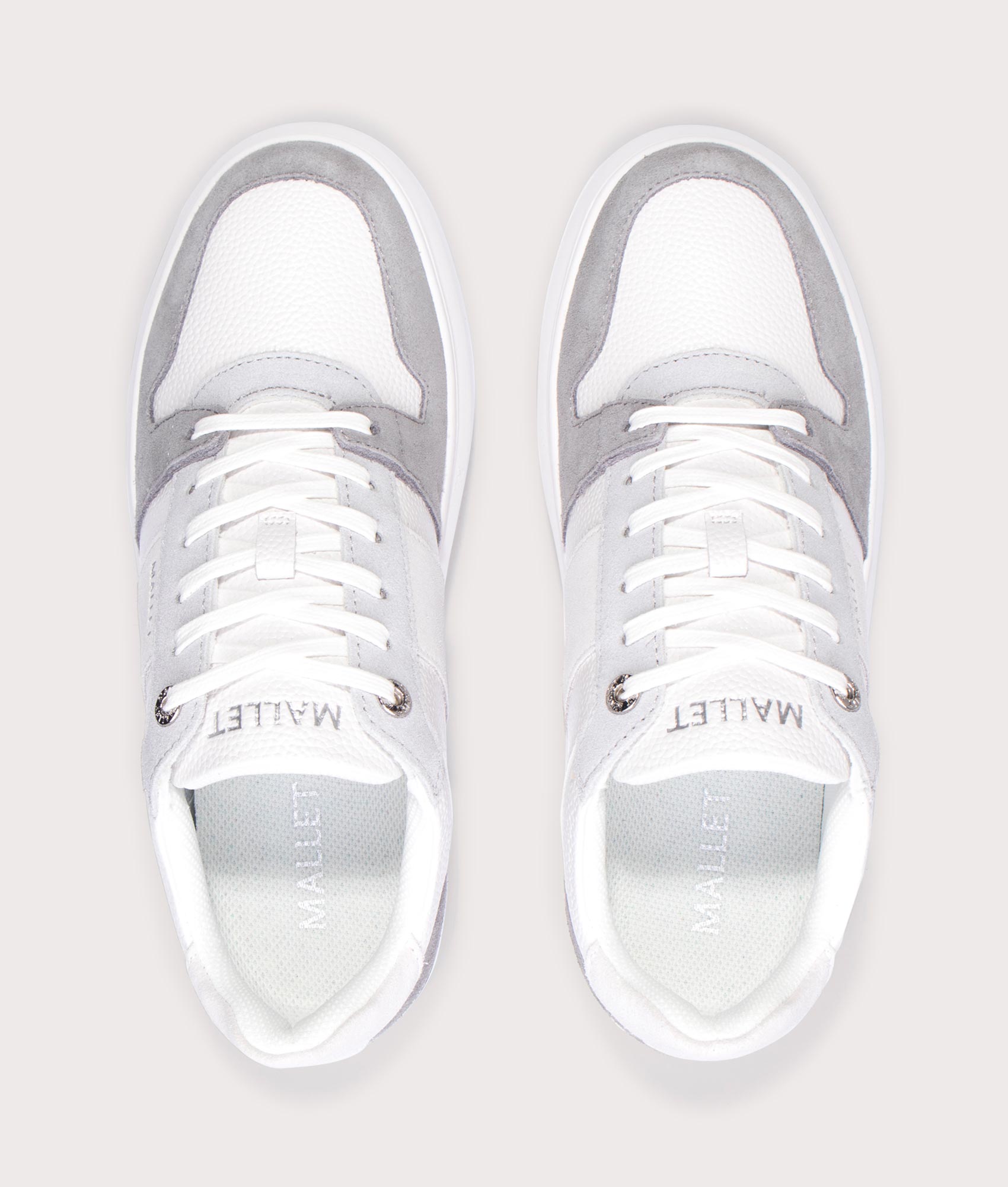 Mallet Hoxton Lite Trainers in White/Grey. Shot at EQVVS. Top shot 