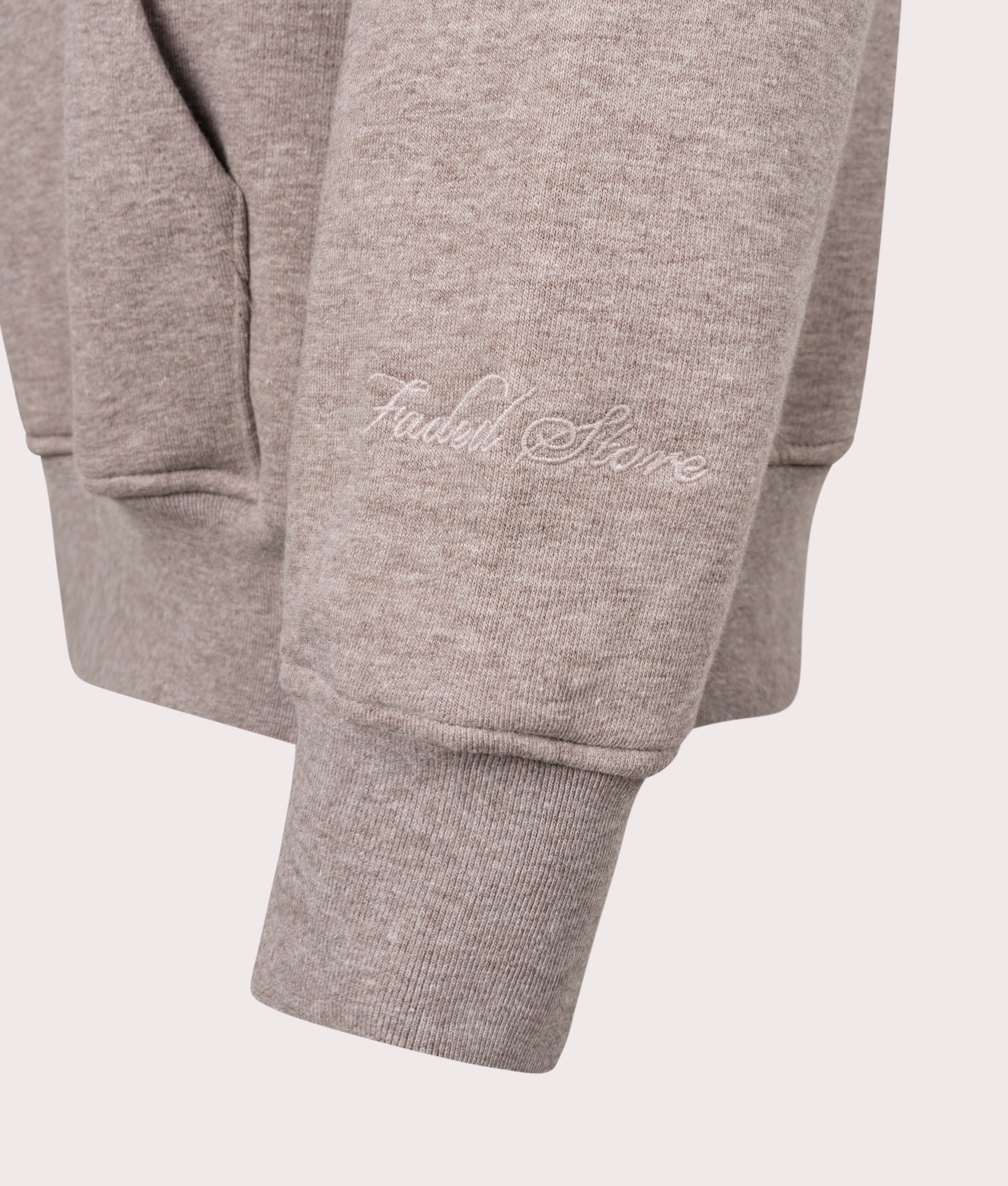FADED Box Fit Hoodie in Brown Marl at EQVVS Menswear. Detail shot.