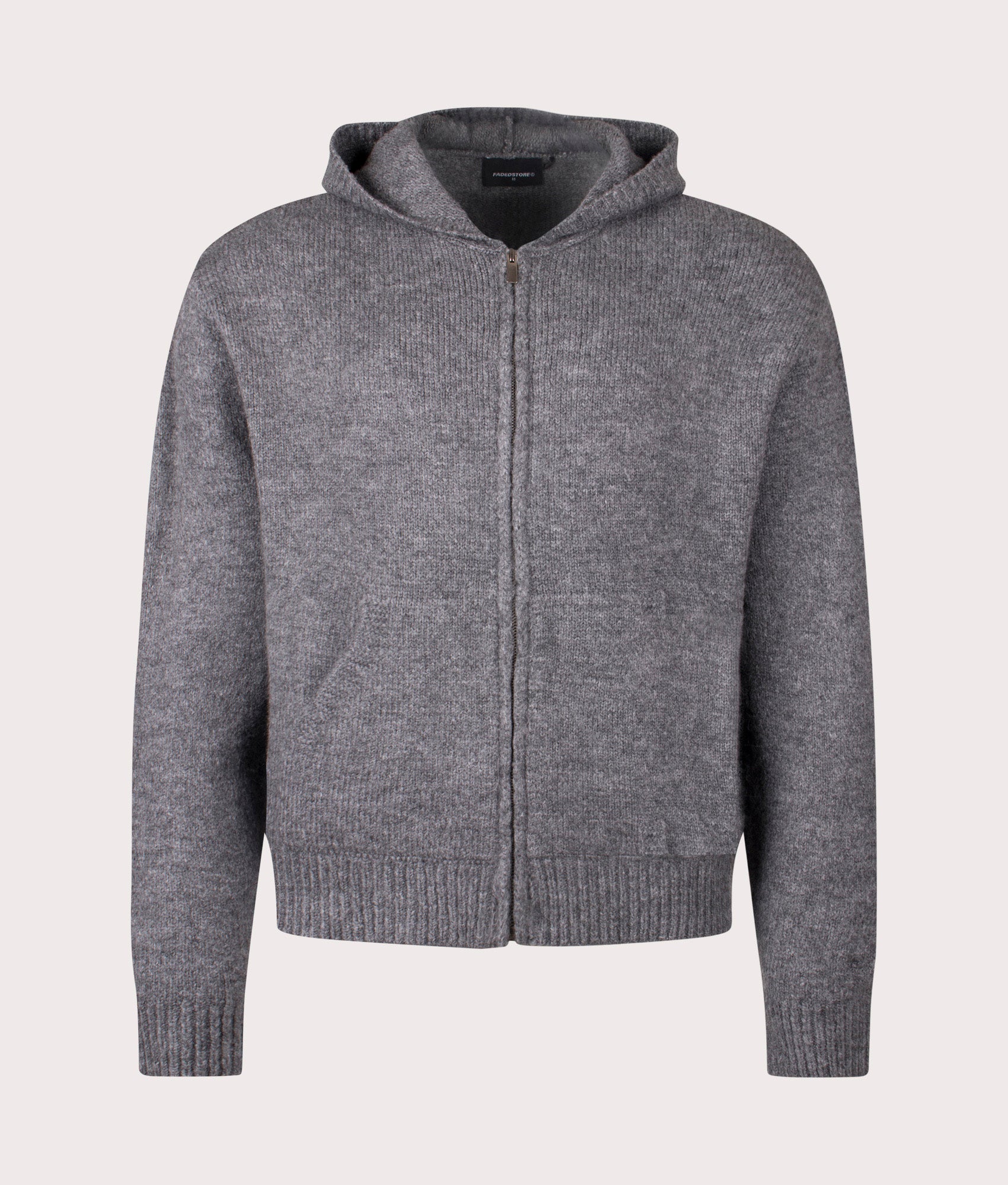 FADED Knitted Full Zip Hoodie in Charcoal Marl at EQVVS Menswear. Front Shot.