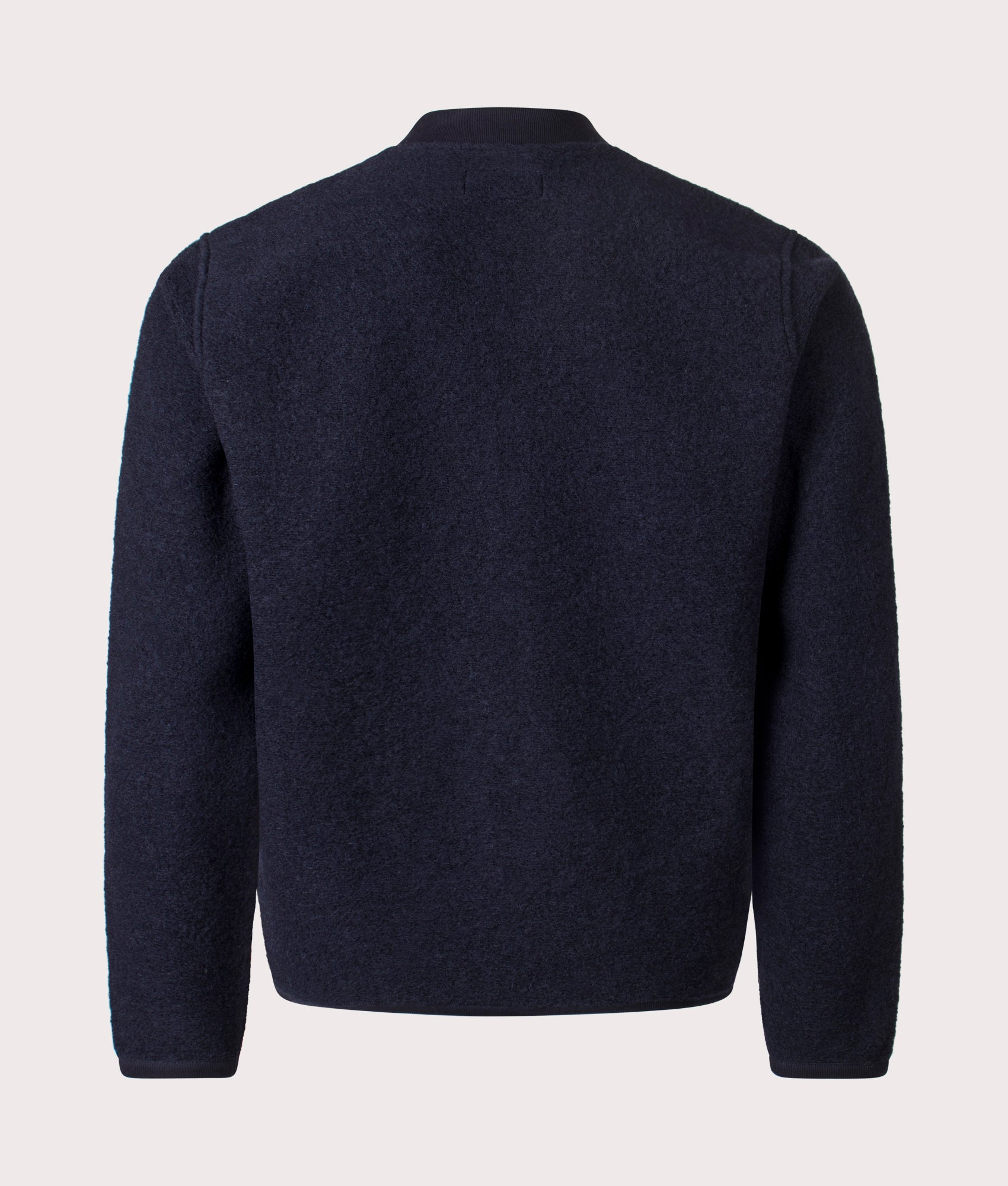 Universal Works Wool Zip Bomber Jacket in Navy at EQVVS Menswear. Back shot.