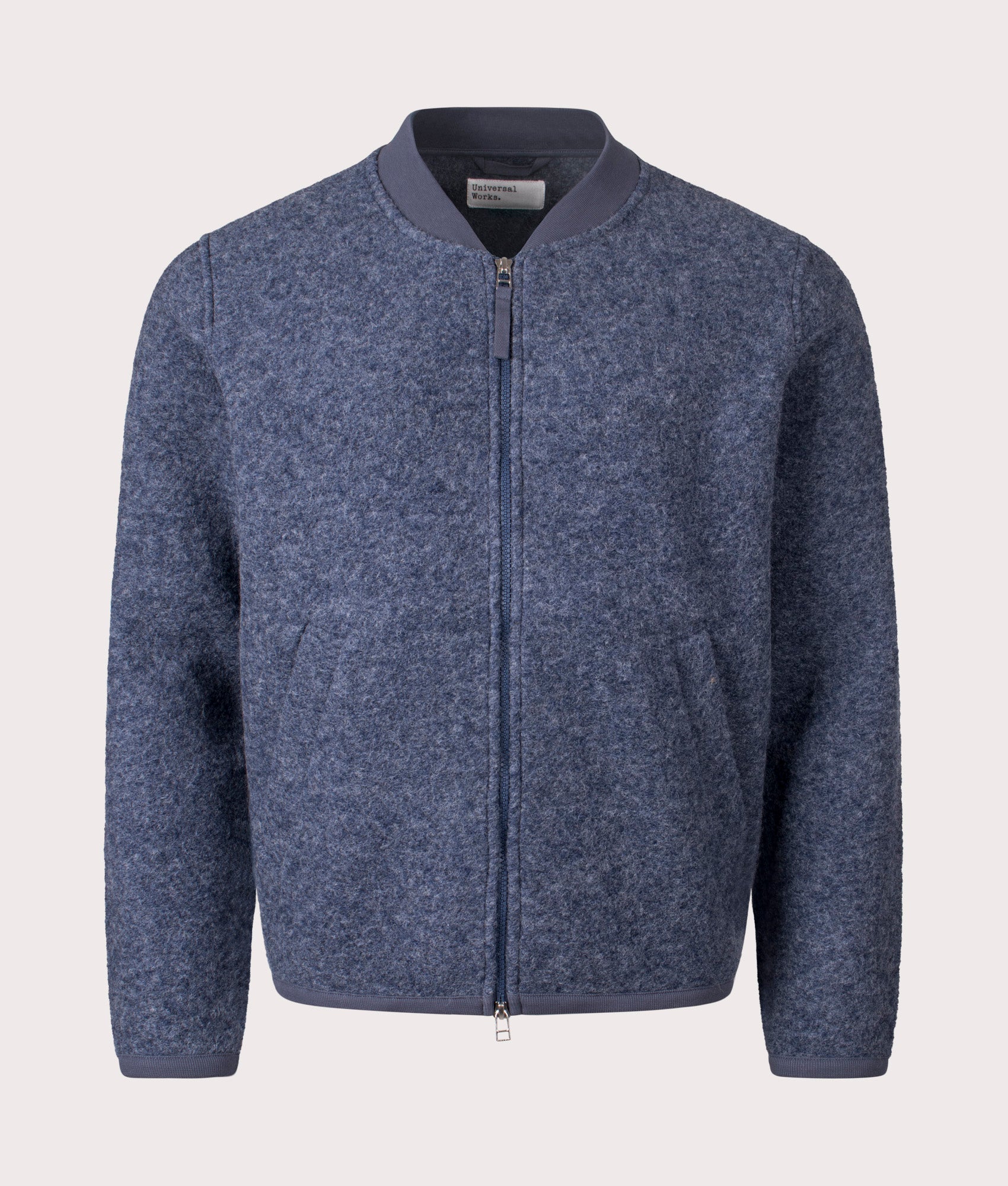 Wool Zip Bomber Jacket in Slate Blue | Wool Blend | Universal Works | EQVVS | Front shot 