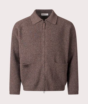Zip Cardigan in Brown. Recycled wool blend | Universal Works | Shot at EQVVS | Front shot 