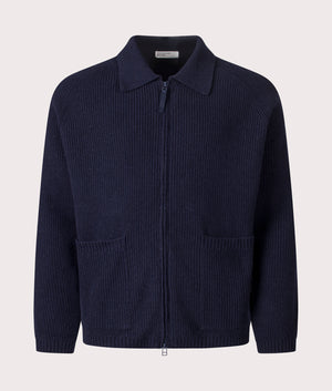 Relaxed Fit Wool Zip Cardigan in Navy | Wool Blend | Universal Works | EQVVS | Front shot 